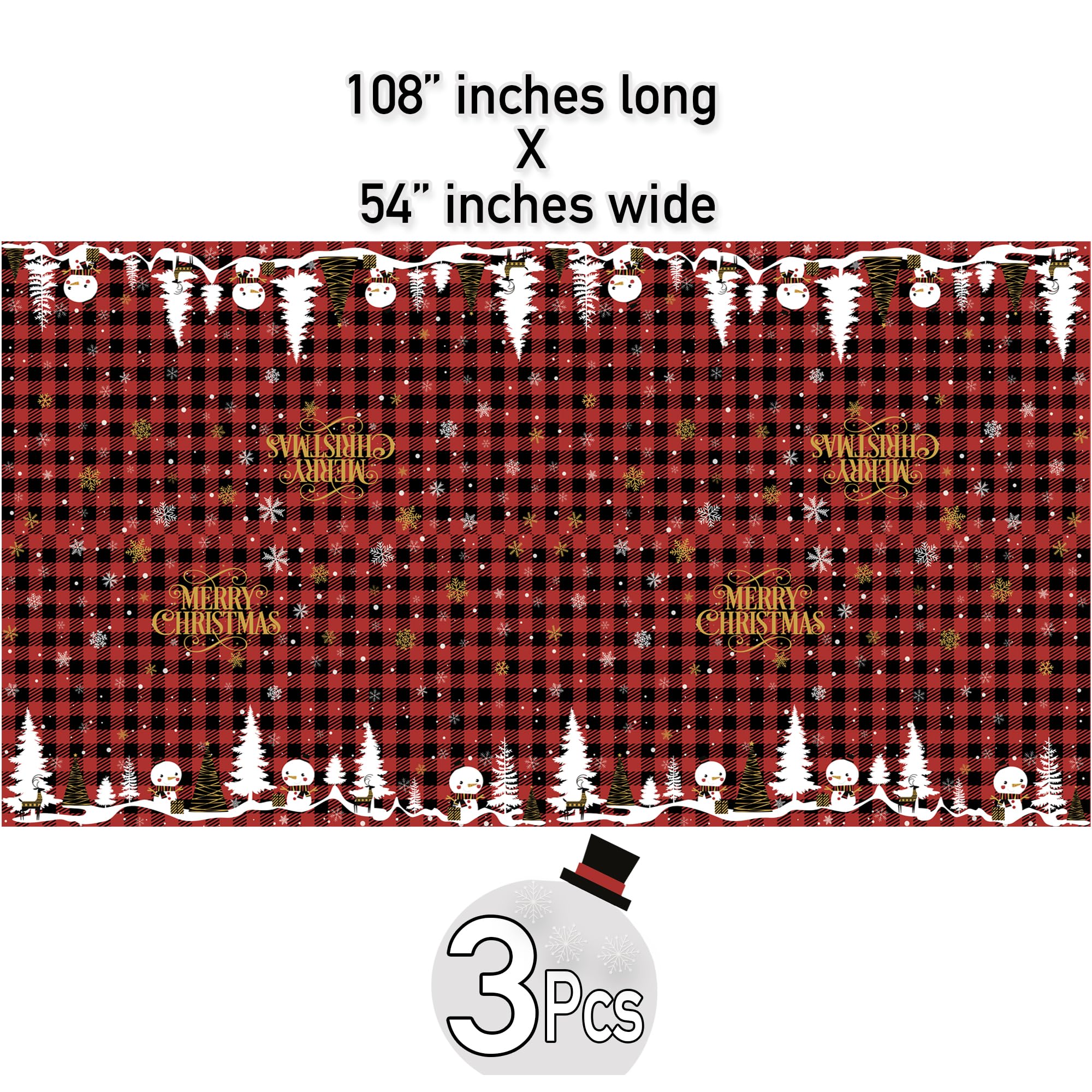 BASHOUT Weihnachtliche Kunststoff-Tischdecke, 3 Stück (137,2 cm breit x 274,3 cm lang), rechteckige Tischdecke, Schneemann, Frohe Weihnachten, Partydekoration, Tischdecke