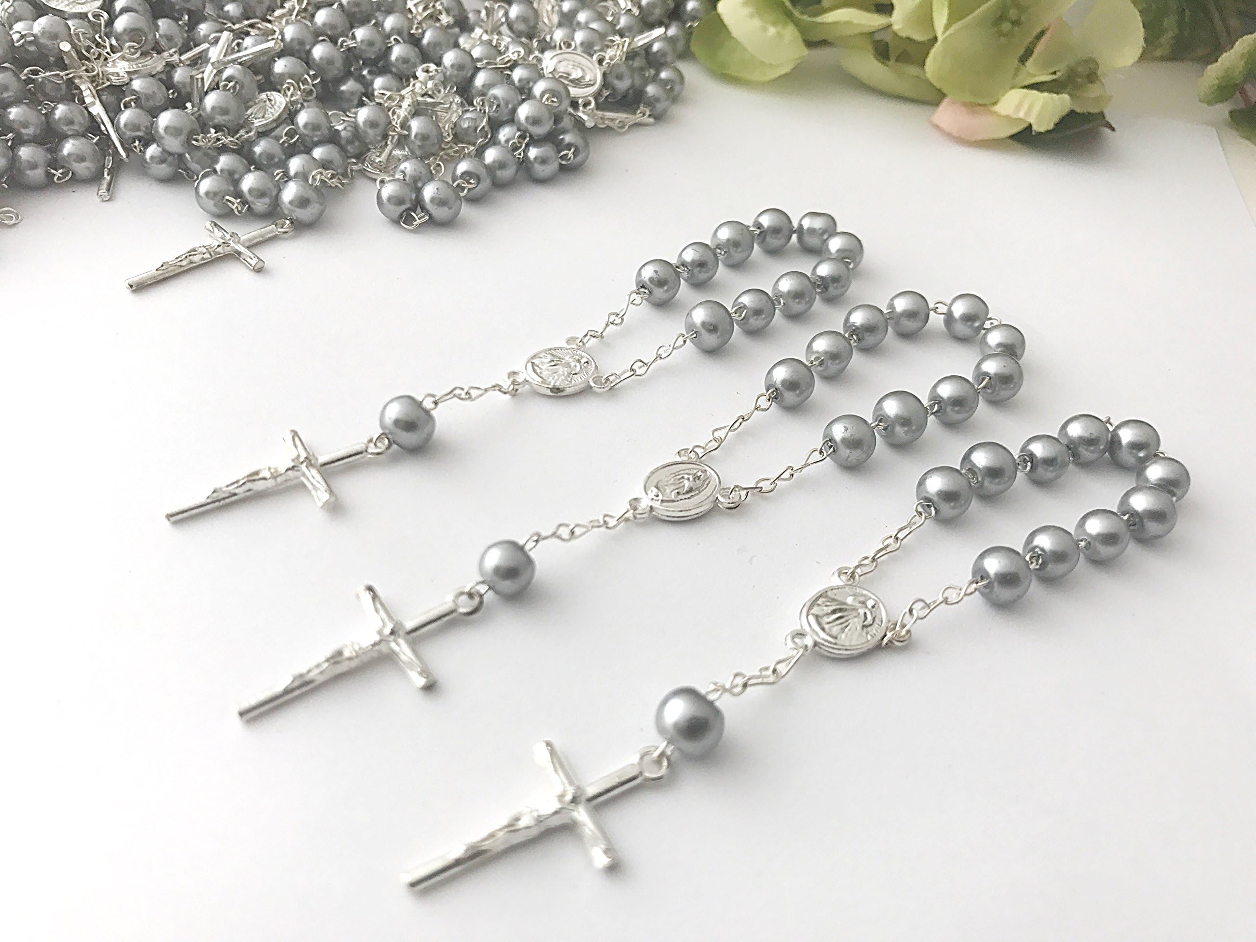 25 Pc Gray Crystal Pearls Baptism Favors Mini Rosaries Silver Plated/Recuerditos De Bautismo/Christening Favors/Decenarios/Decades/Finger Rosaries