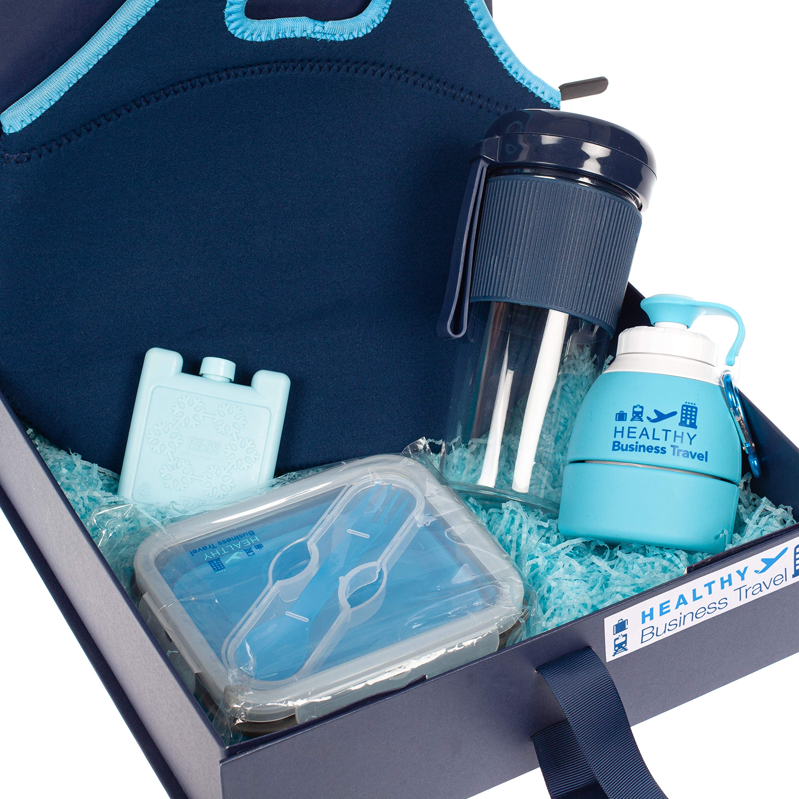Caja de regalo corporativa saludable para los viajeros, incluye bolsa térmica térmica, exprimidor de frutas portátil, botella de agua plegable, contenedores de alimentos plegables, mini bloques de