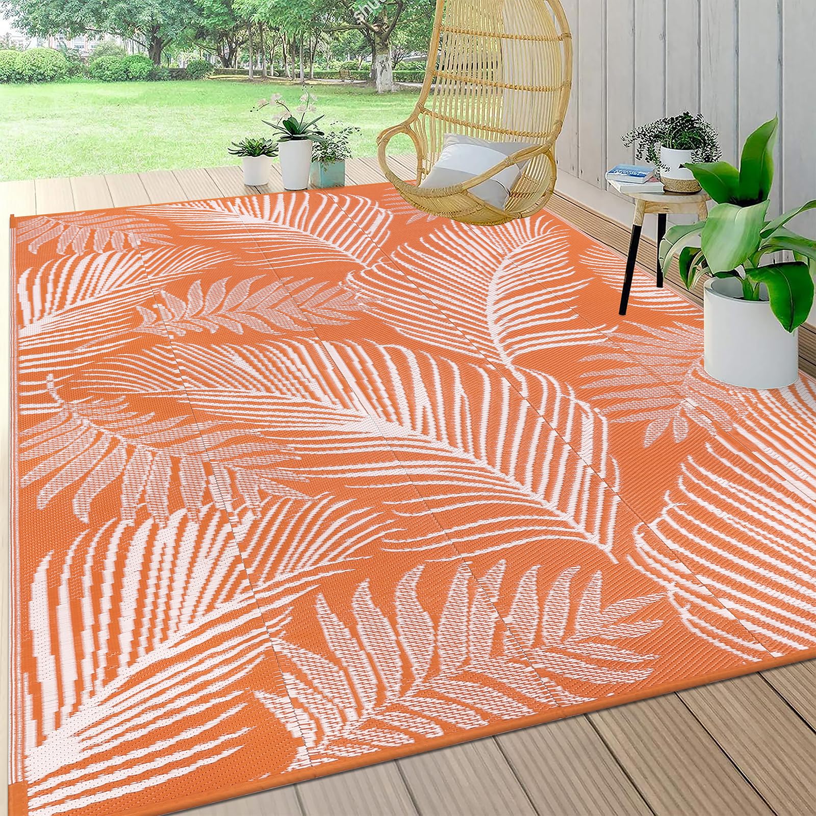Pauwer Waterproof Outdoor Rug 8x10, Reversible Plastic Straw Patio Camping Rug, Indoor Outdoor RV Mat Carpet for Deck, Camper, Porch, Balcony, Backyard, Picnic, Leaf Orange