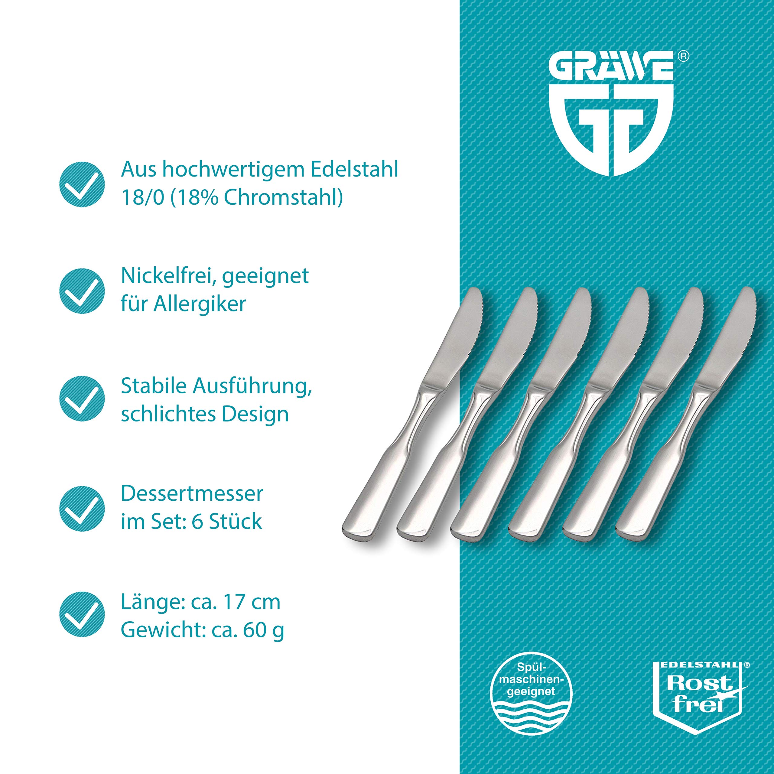 GRÄWE® Serie Spaten - Cuchillo de Postre, 6 Unidades