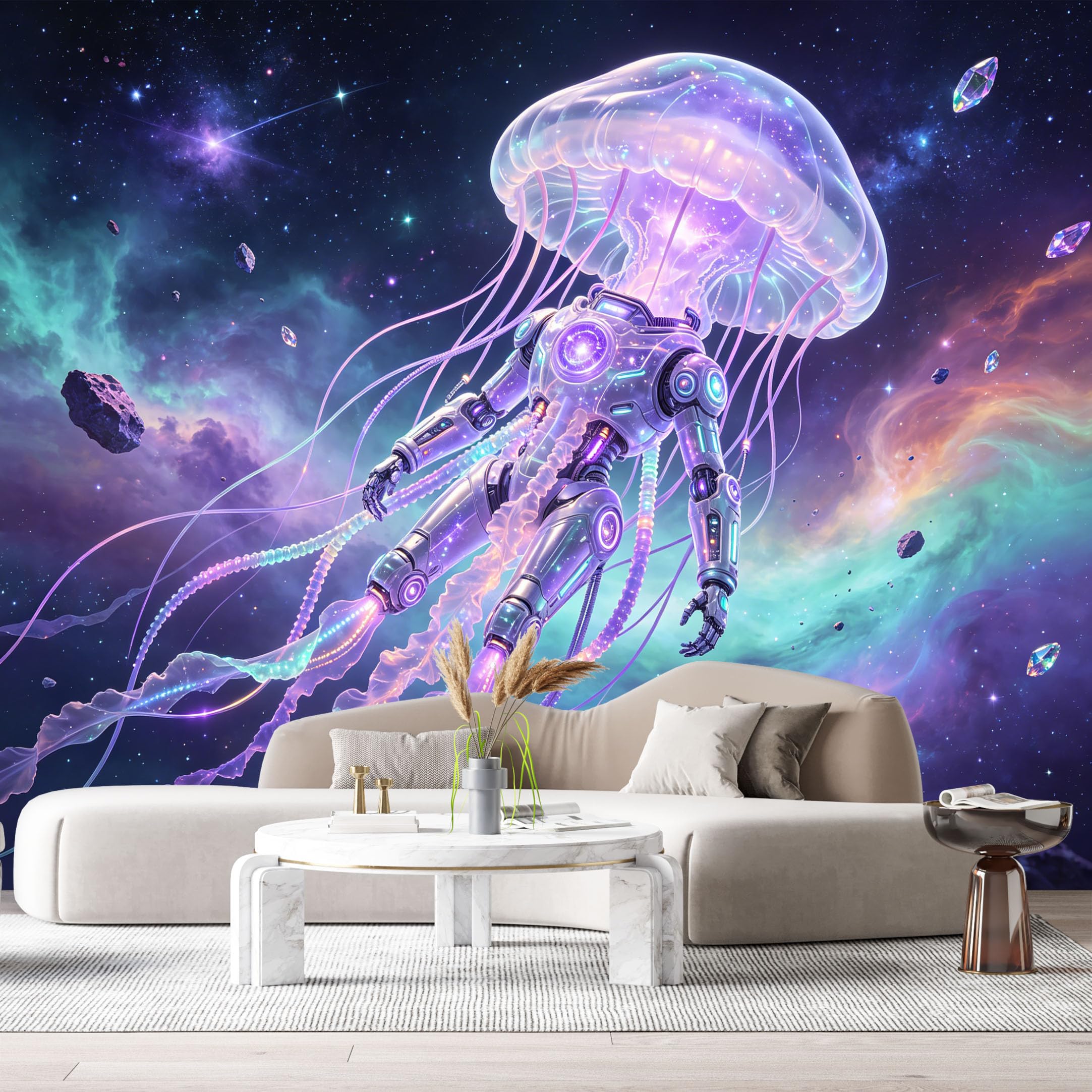 Custom Size Wall Mural Cosmic Jellyfish Mech Futuristic SciFi Robot Neon Space Art SelfAdhesive Art Prints Removable Large Wallpaper Boy Bedroom Esports Room Game Room Tenant Room Studio