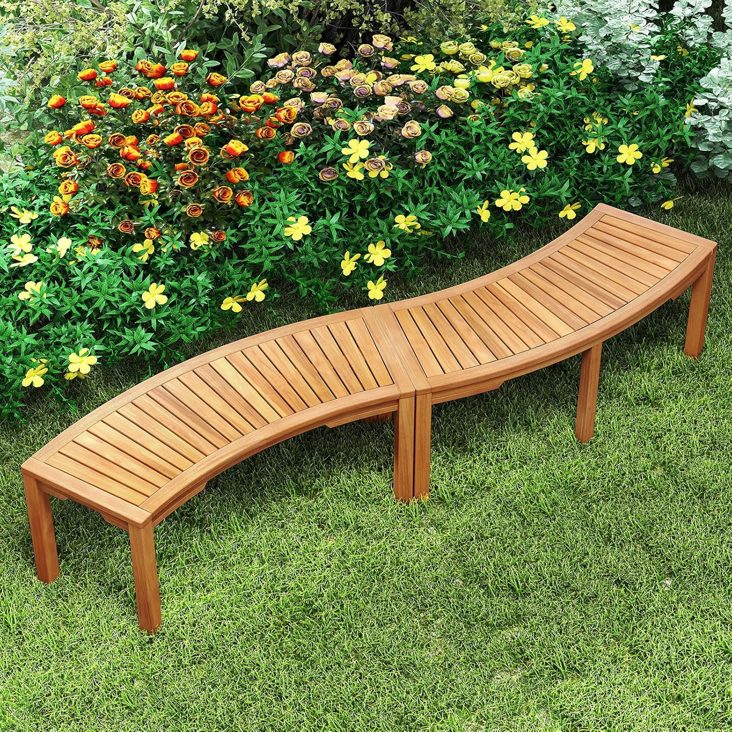 Tangkula Outdoor Curved Bench, Acacia Wood Fire Pit Bench w/Slatted Seat, Patio Backless 2-Person Seating for Porch, Yard, Garden, 800 LBS Max Load, Oil Painted (1, 45")