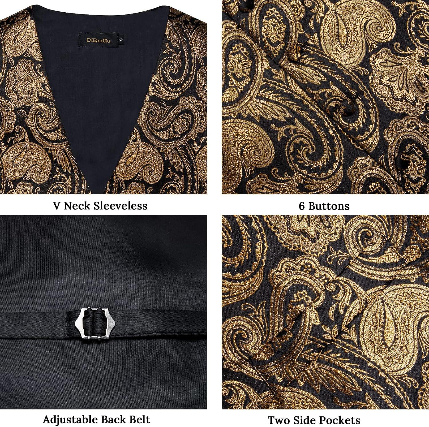DiBanGu Mens Vest and Tie Set Formal Paisley Waistcoat and Necktie Pocket Square Cufflinks Silk Suit Vest for Tuxedo Wedding