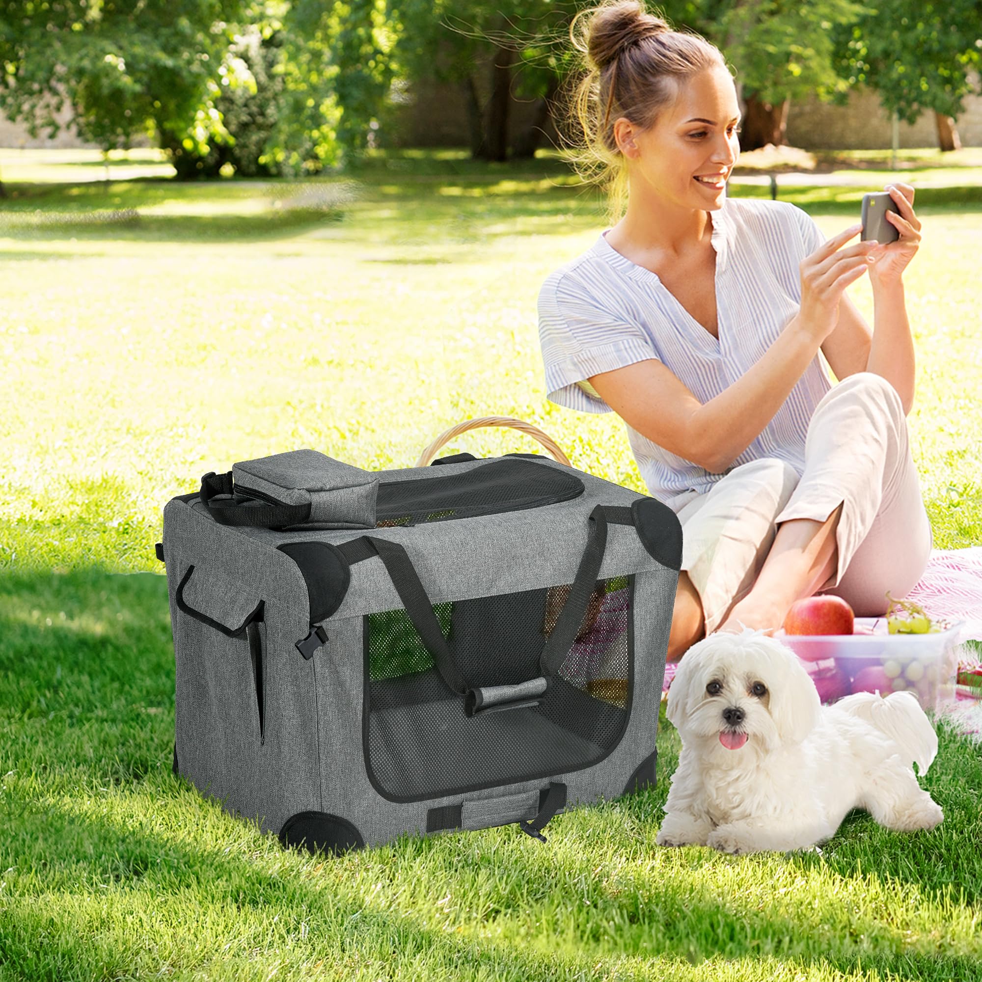 PawHut Transportador plegable para mascotas para perros pequeños y miniaturas, transportador portátil para gatos, caja de viaje para mascotas con alfombrilla extraíble, bolsas de almacenamiento, malla