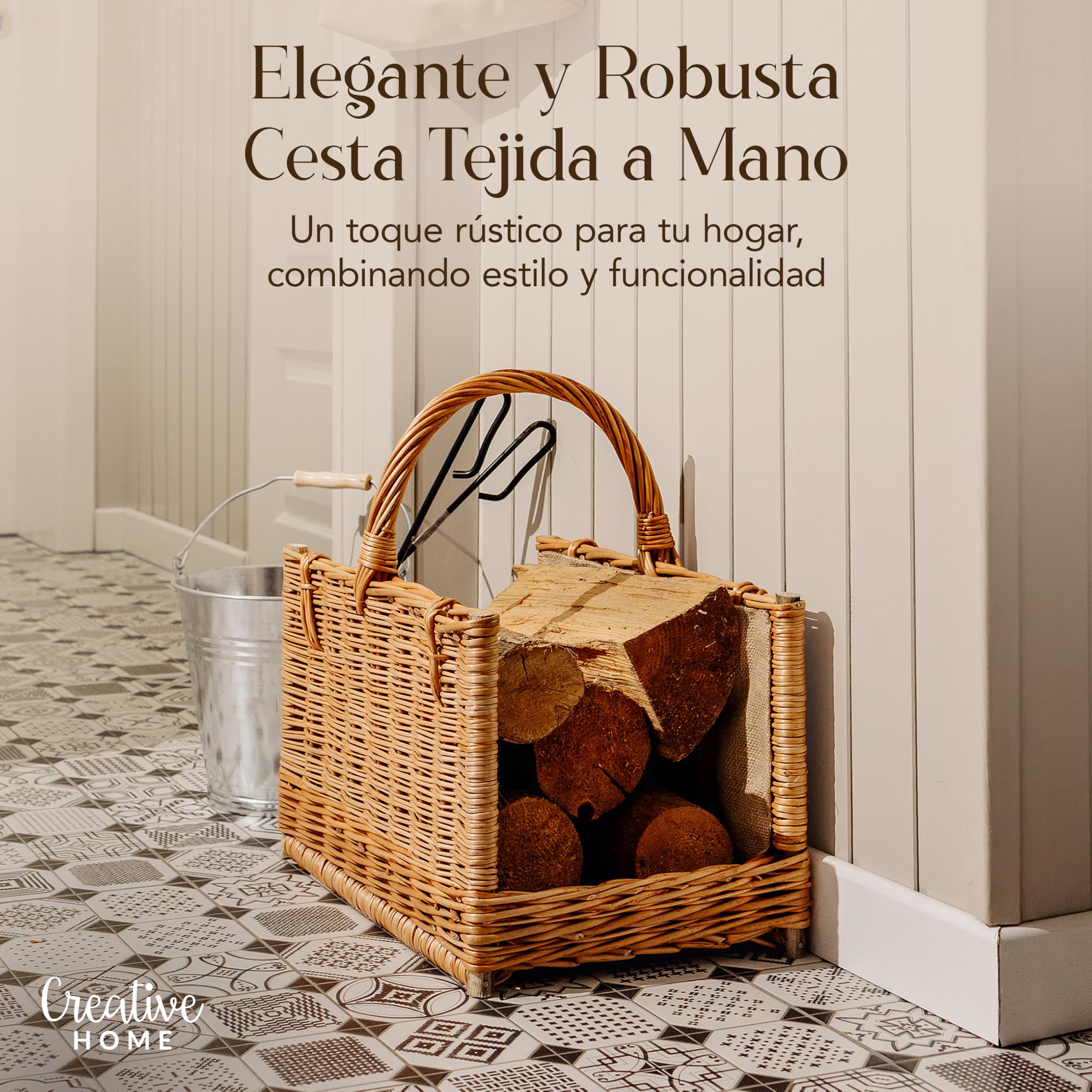 Creative Home Cesta de Mimbre para Almacenar Leña con Asa 50x34x50cm | Tela de Yute | Rectangular Grande | Tejida a Mano Duradera Interior | Sauce Grueso Marrón Natural | Multiuso