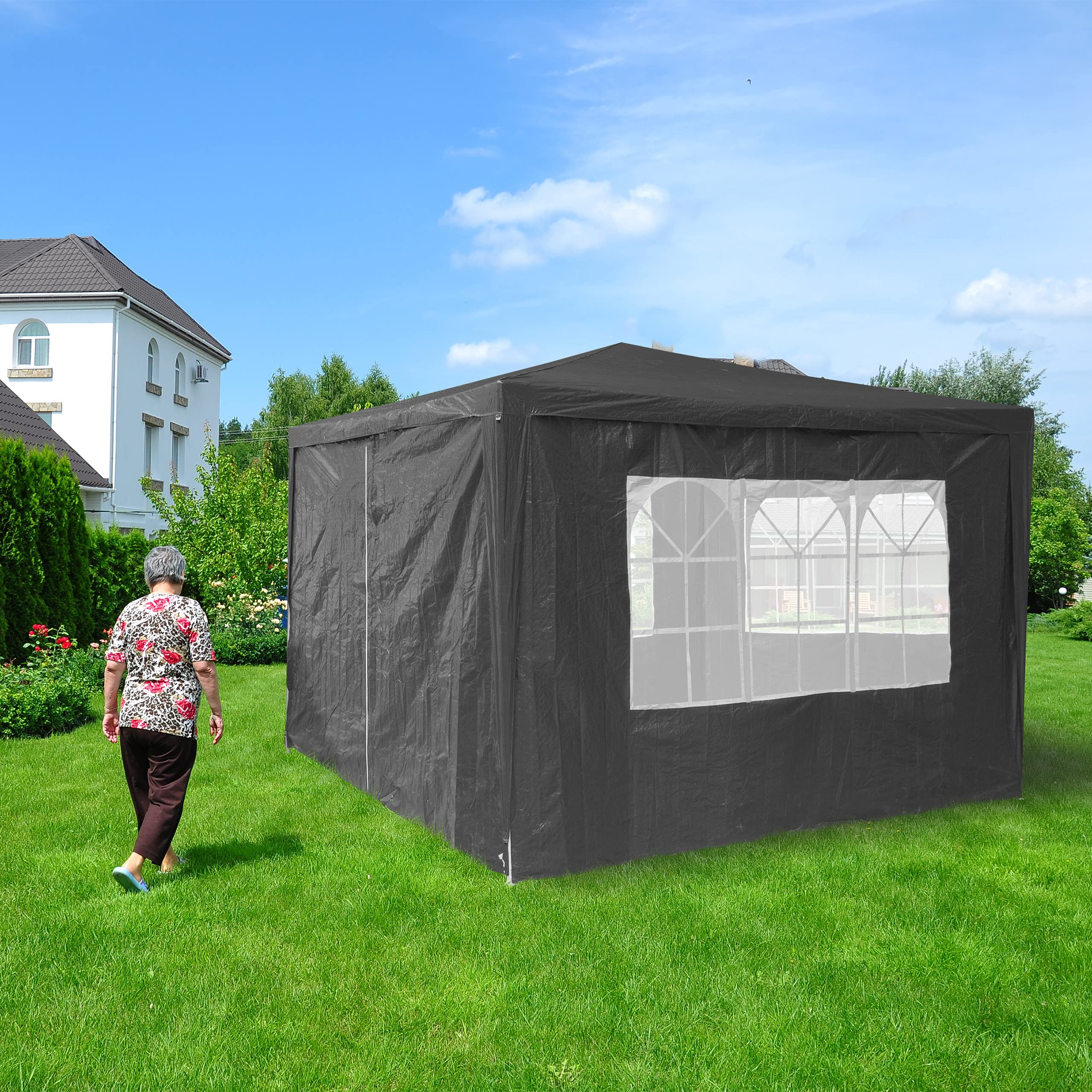 Relaxdays Tende per Gazebo Laterali, Set da 4, Telo Impermeabile in PVC, Pareti 3x2 m, 3 con Finestre, Parasole, Grigio