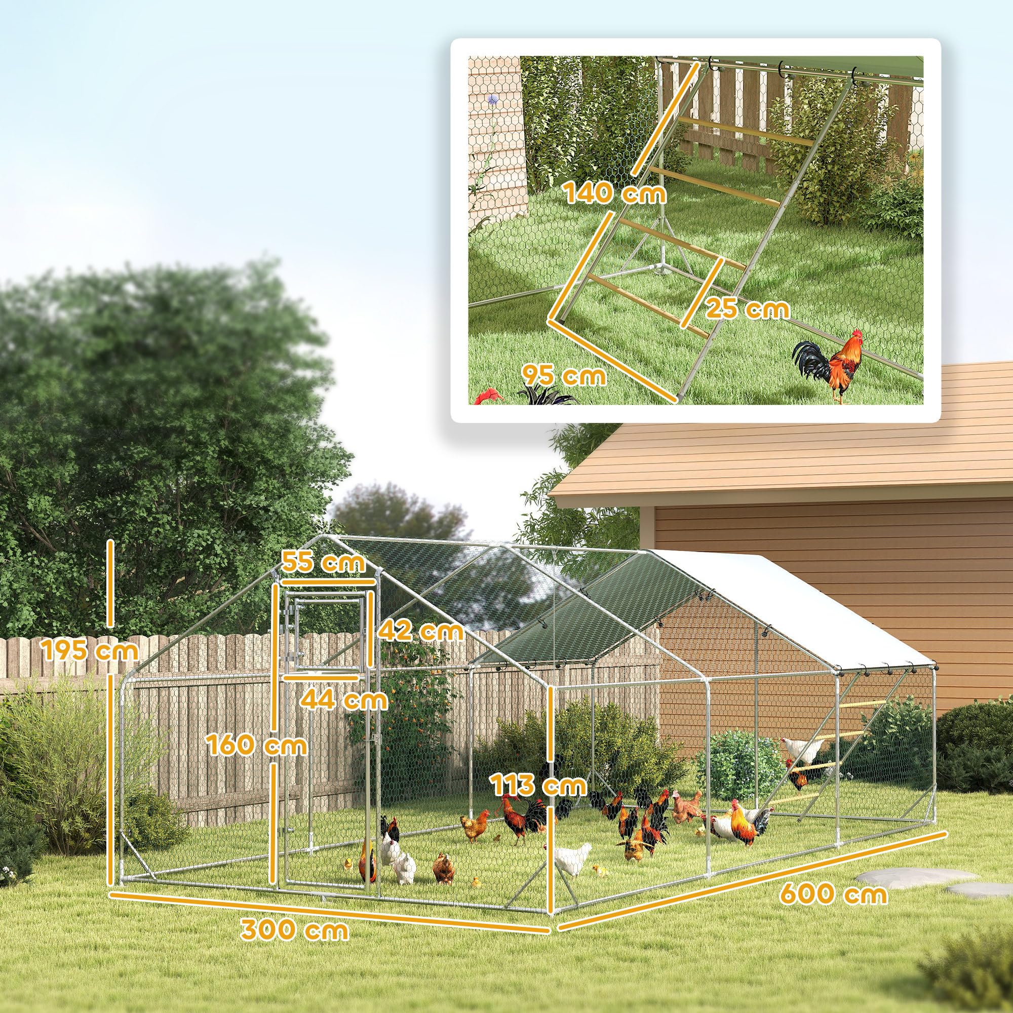 PawHut Gallinero Exterior 18 m² 3x6x1,95 m Acero Galvanizado para 18-24 Gallinas Impermeable Anti-UV