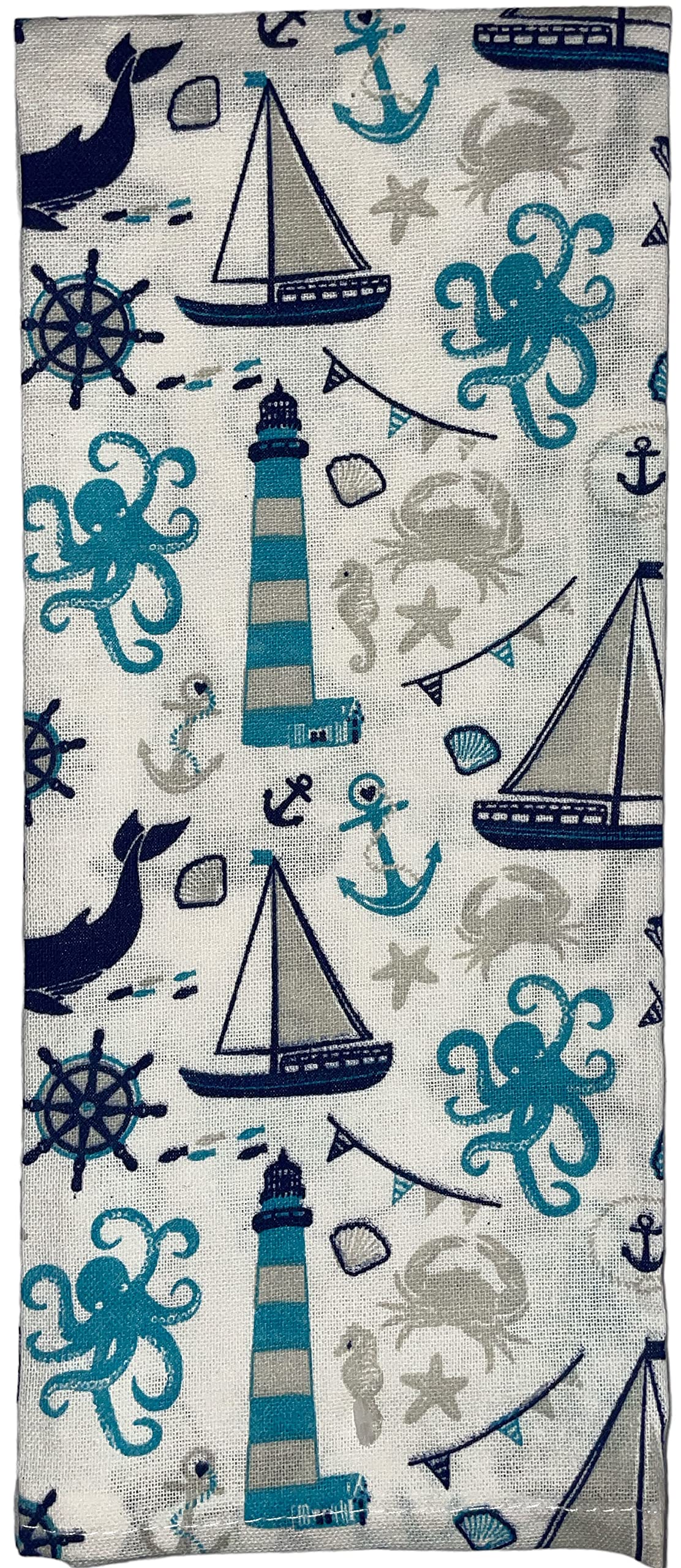 Set of 4, 100% Cotton, Coastal Nautical Fish Design, Kitchen Towel Set, Include 2 Kitchen Towels, 1 Pot Holder & 1 Ovenmitt