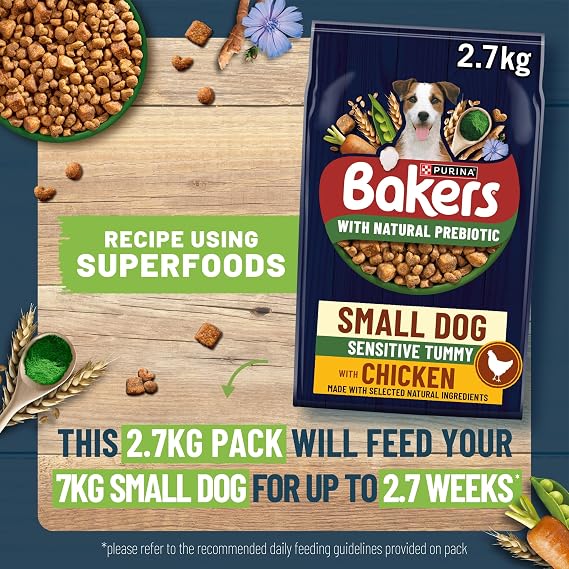 BAKERS Small Dog Sensitive Tummy with Tasty Chicken and County Vegetables Dry Dog Food 2.7kg (Pack of 4)