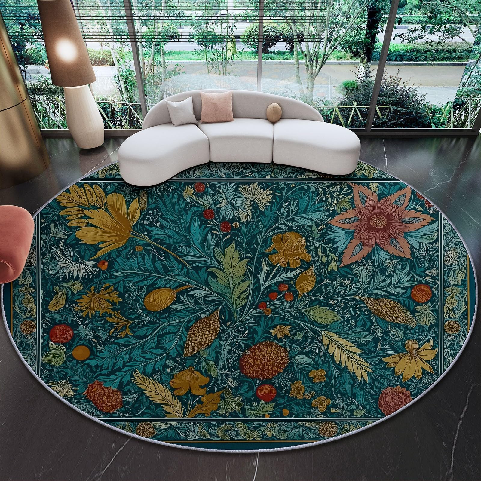 120 cm (Rond) Alfombra Redonda, Naturalista Art Déco Flores Plantas Alfombra Circular Para Sala De Estar Suave Y Esponjosa Decoración - Alfombras Redondas Lavables Para Sala De Est Turquesa Oscuro