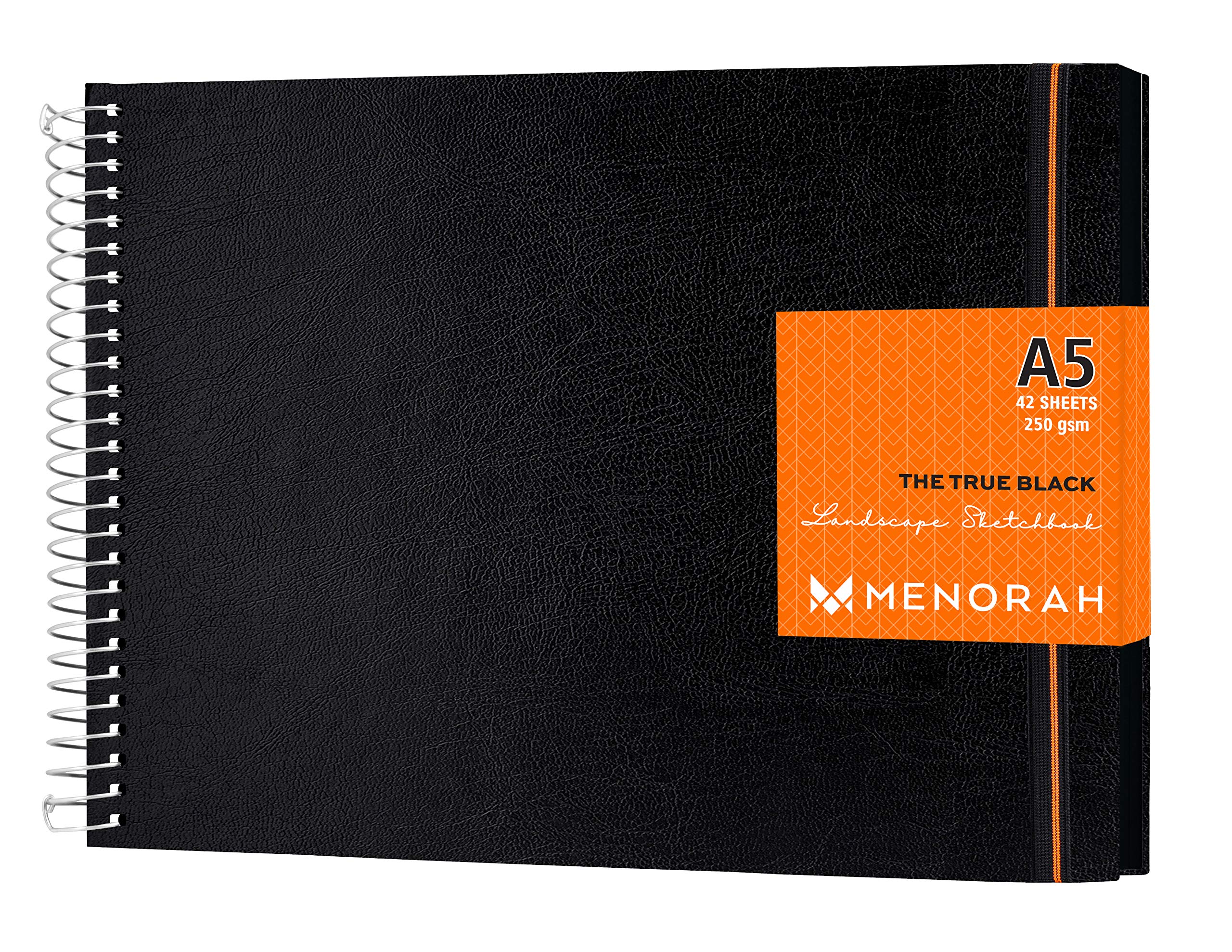 MENORAH β A5 - The True Black Sketchbook for Artist - 250 GSM - Metal Spiral Bound Sketchbook - (84 Pages/42 Sheets) - (Size 14.8 x 21.0 cm) Drawing Art Journal (Black Sketch Book - Landscape)