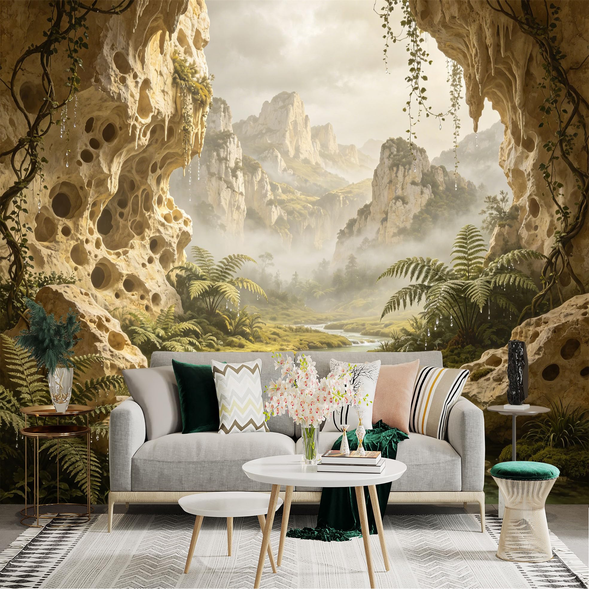 Custom Size Wall Sticker Mural， Misty Mountain Valley with Waterfall， Ferns and Rocky Cave， for wall Decoration， peelandstick wall Decals.
