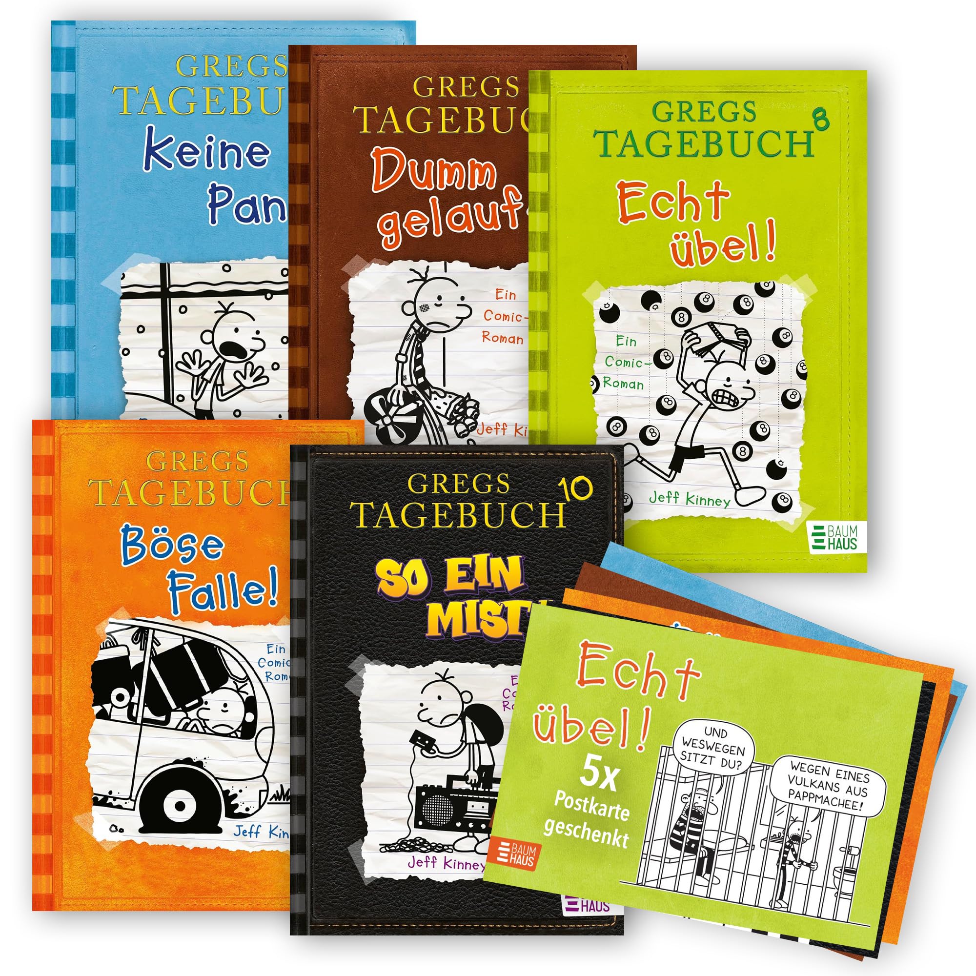 Jeff Kinney Bücherset - Gregs Tagebuch Band 6-10 - Keine Panik!, Dumm gelaufen!, Böse Falle!, Echt übel!, So ein Mist! - gezeichnete Comics, Kinderbuch Bestseller Set mit je einer exklusiven Postkarte