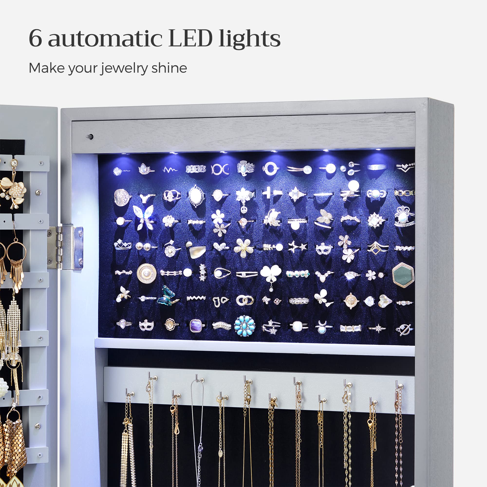 SONGMICS 6 LEDs Cabinet Lockable 47.2" H Wall/Door Mounted Jewelry Armoire Organizer with Mirror, 2 Drawers, Gray UJJC93GY