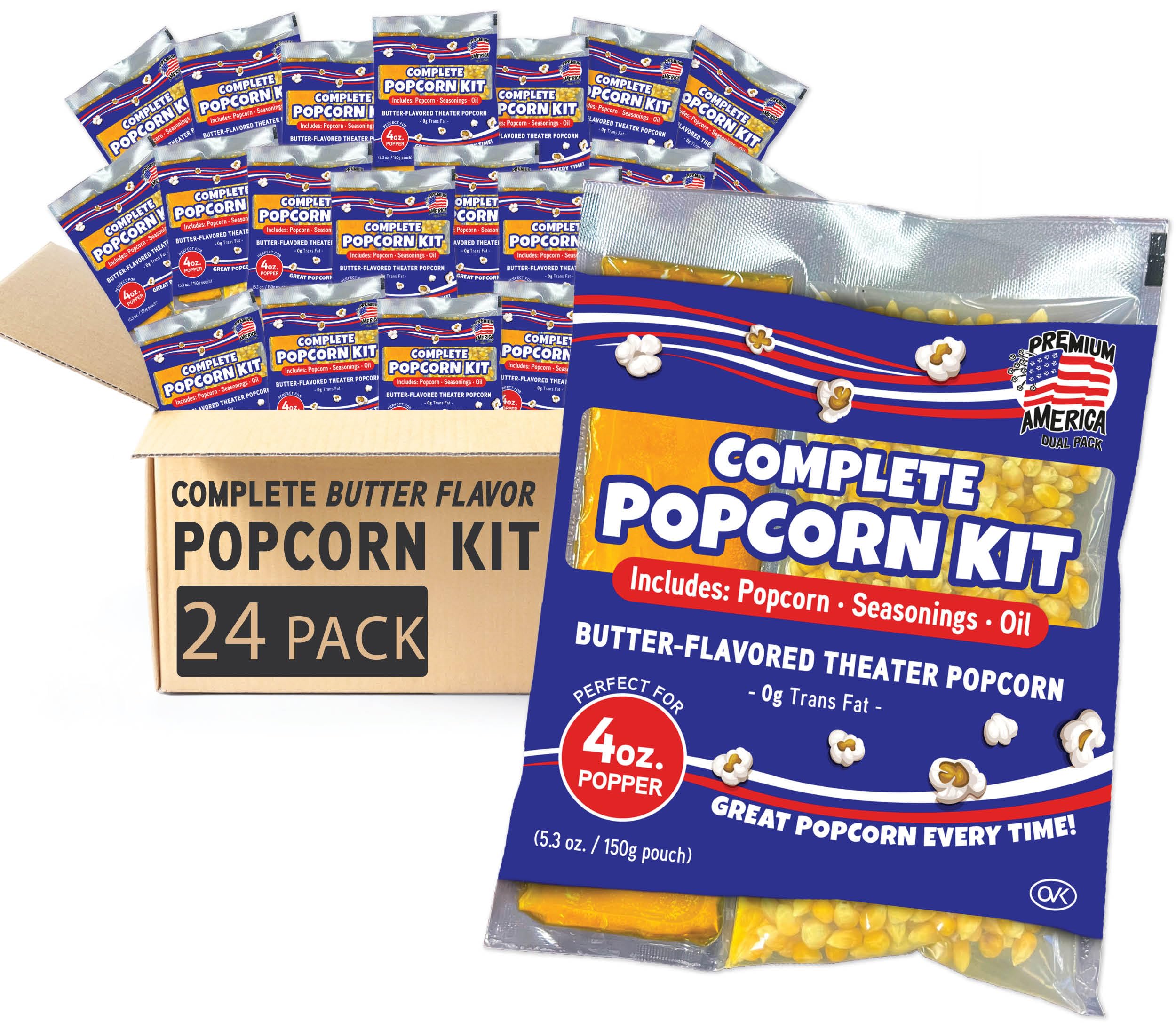 Premium America Popcorn Kit, 24 Packs for a 4oz Popper, Movie Theater & Popcorn Machine Kernels, Oil & Seasoning Packet, Bulk All in One