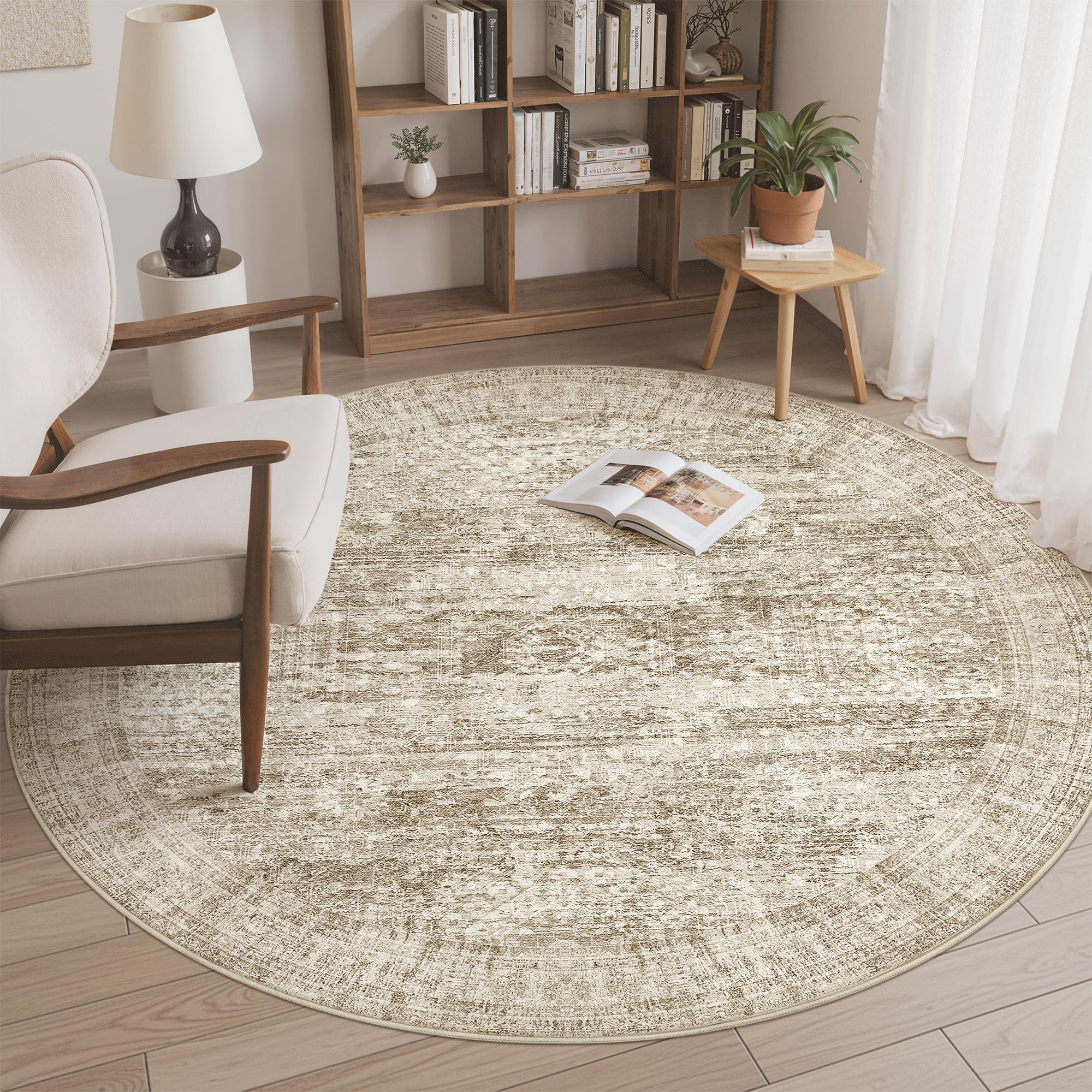 Photo 1 of Soalmost 6x6 Brown Round Rug 6ft Circle Living Room Area Rugs Non-Slip