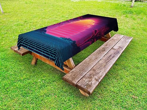 Miniatura 1 de Ambesonne Synthwave Outdoor Tablecloth, Retro Futurism Inspired Illustration Artwork with Sun and Palms, Decorative Washable Picnic Table Cloth, 58"