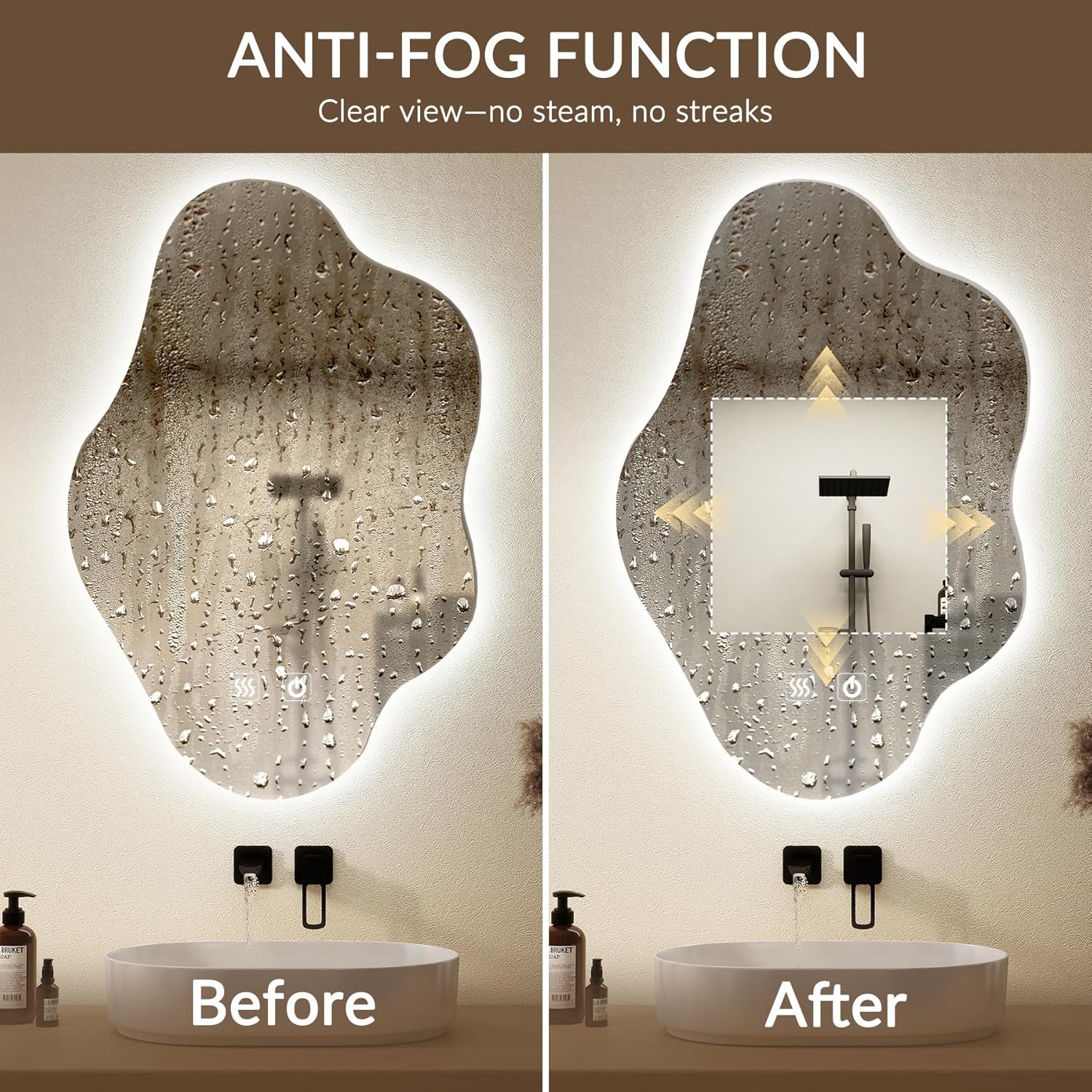 asymmetrical led bathroom mirror with lights, irregular bathroom wall mirror, vanity mirror for wall with backlit/anti fog/3 color dimmable lighting, 36" x 23.8" large mirror, vertical 36"l x 23.8"w