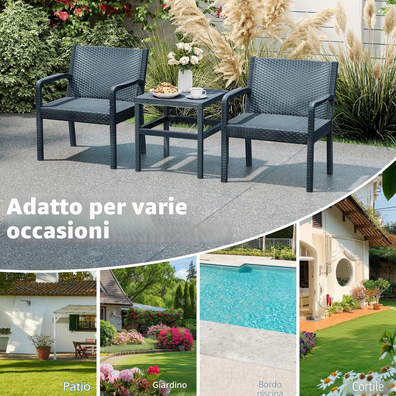 GIANTEX Set di Mobili da Giardino e Balcone 3 Pezzi, Struttura in Rattan e Polipropilene, 2 Poltrone, Resistente alle Intemperie, Arredamento per Esterni per 2 Persone