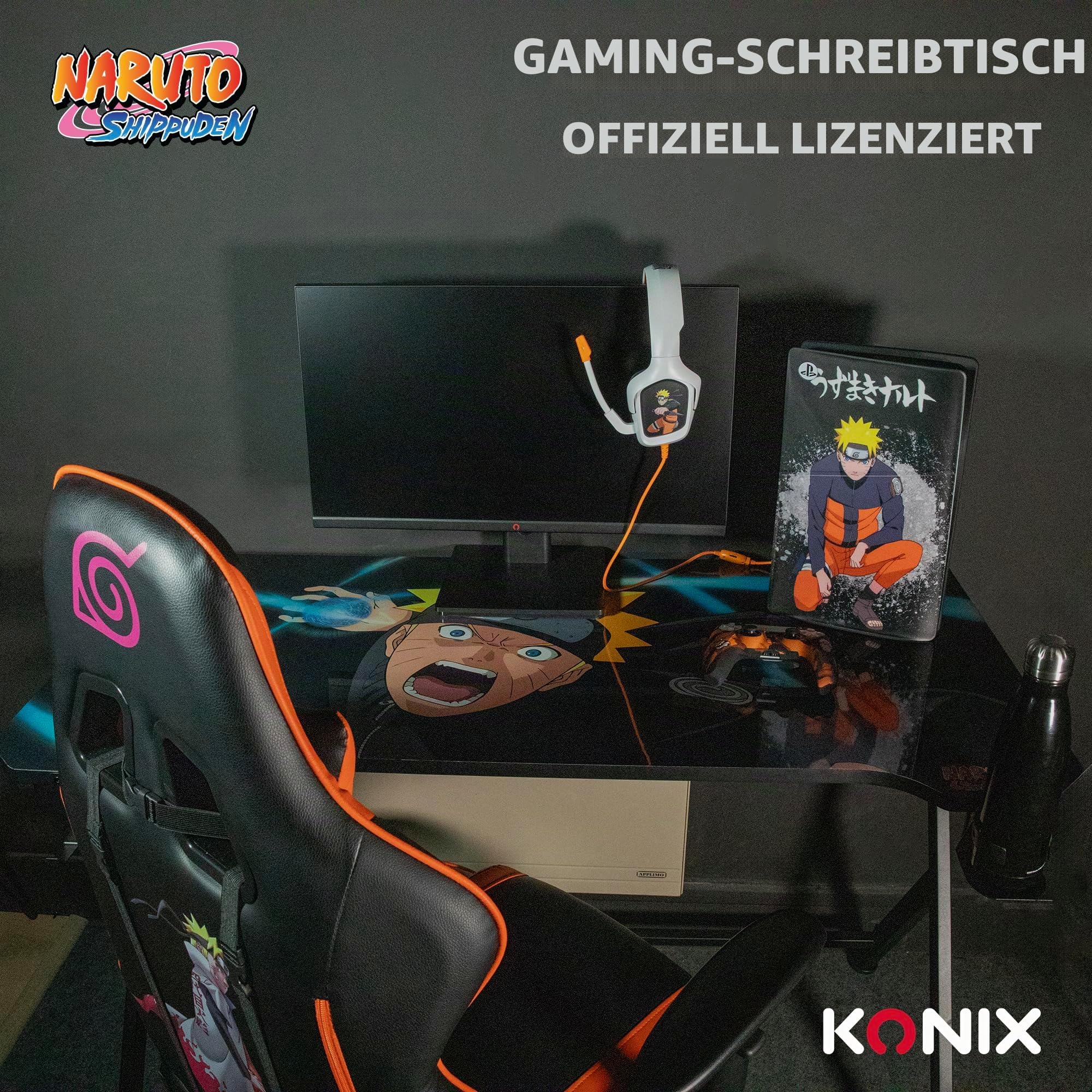 Konix Naruto Shippuden Gaming Schreibtisch 121 x 69 x 76 cm in Y-Form - Holz- und Metalltisch - Becherhalter - Kopfhörerhalter - Naruto Rasengan Motiv