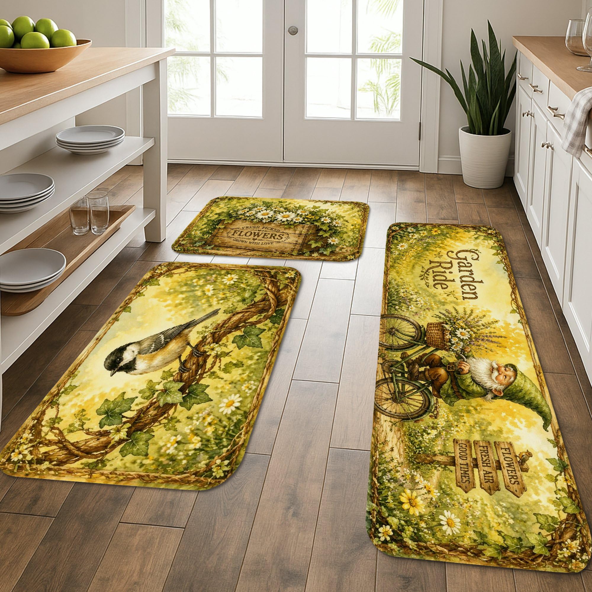 Lot de 3 tapis de cuisine jardin floral vintage lavables pour sol