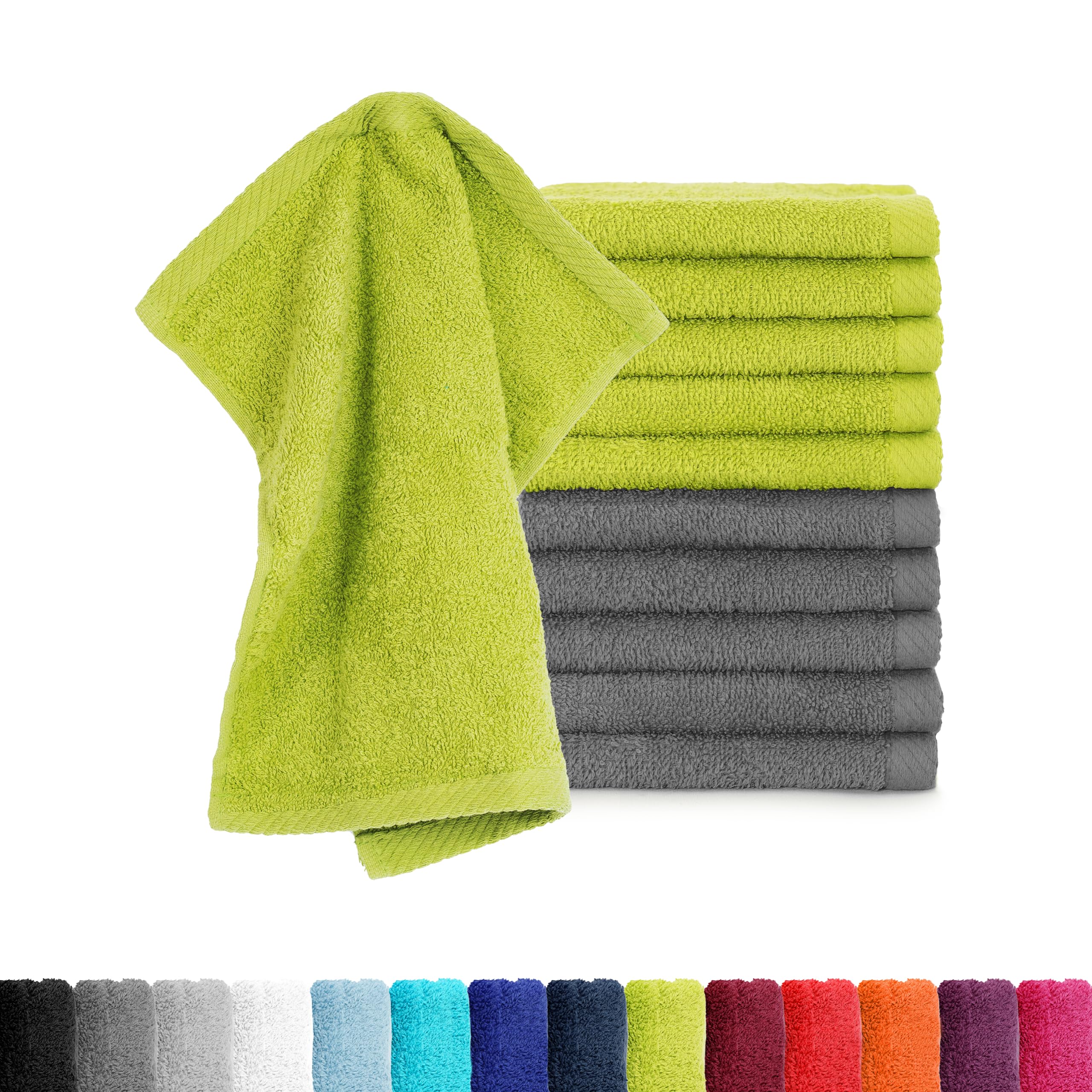 BaSaTex - Lot de 10 Gants de Toilette pour Le Visage et Le Corps - Gants de Toilette en éponge de Coton 30x30cm - Gants de Toilette certifiés Öko-Tex Made in Green - Anthracite Vert Pomme