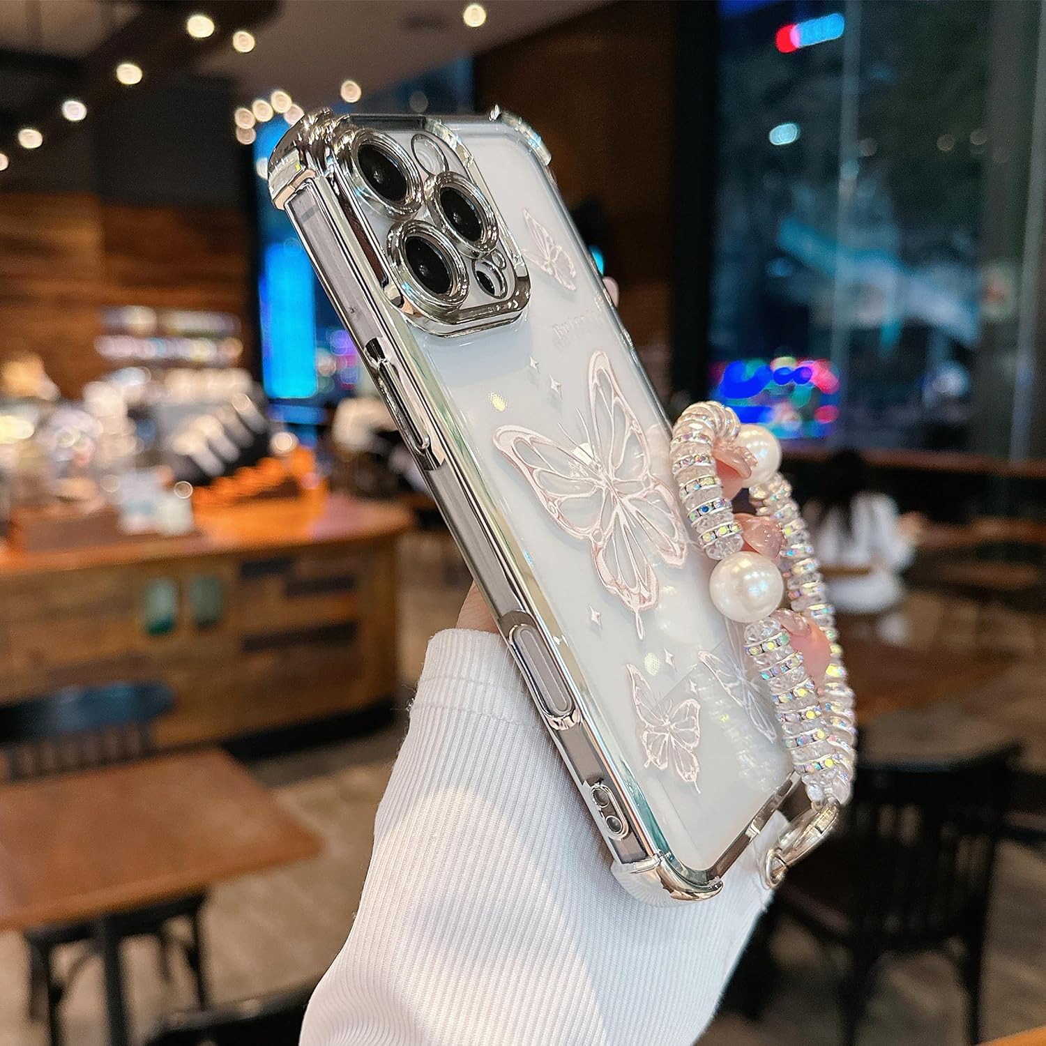 Compatible with iPhone 13 Electroplated Case Premium Rhinestone Bracelet Eco-Friendly TPU Military Shockproof Cover 3D Elegant Butterfly Design for Women & Girls (Silver) image 3
