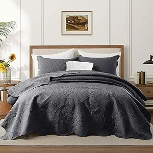 IR Imperial Rooms Queen Quilt Bedding Set Size (90" x 96") + 2 Pillow Shams (20" x 26"+ 2") - 3 Pcs All Season Lightweight Reversible Microfiber Coverlet Floral Embossed Quilt Bedspread (Charcoal)