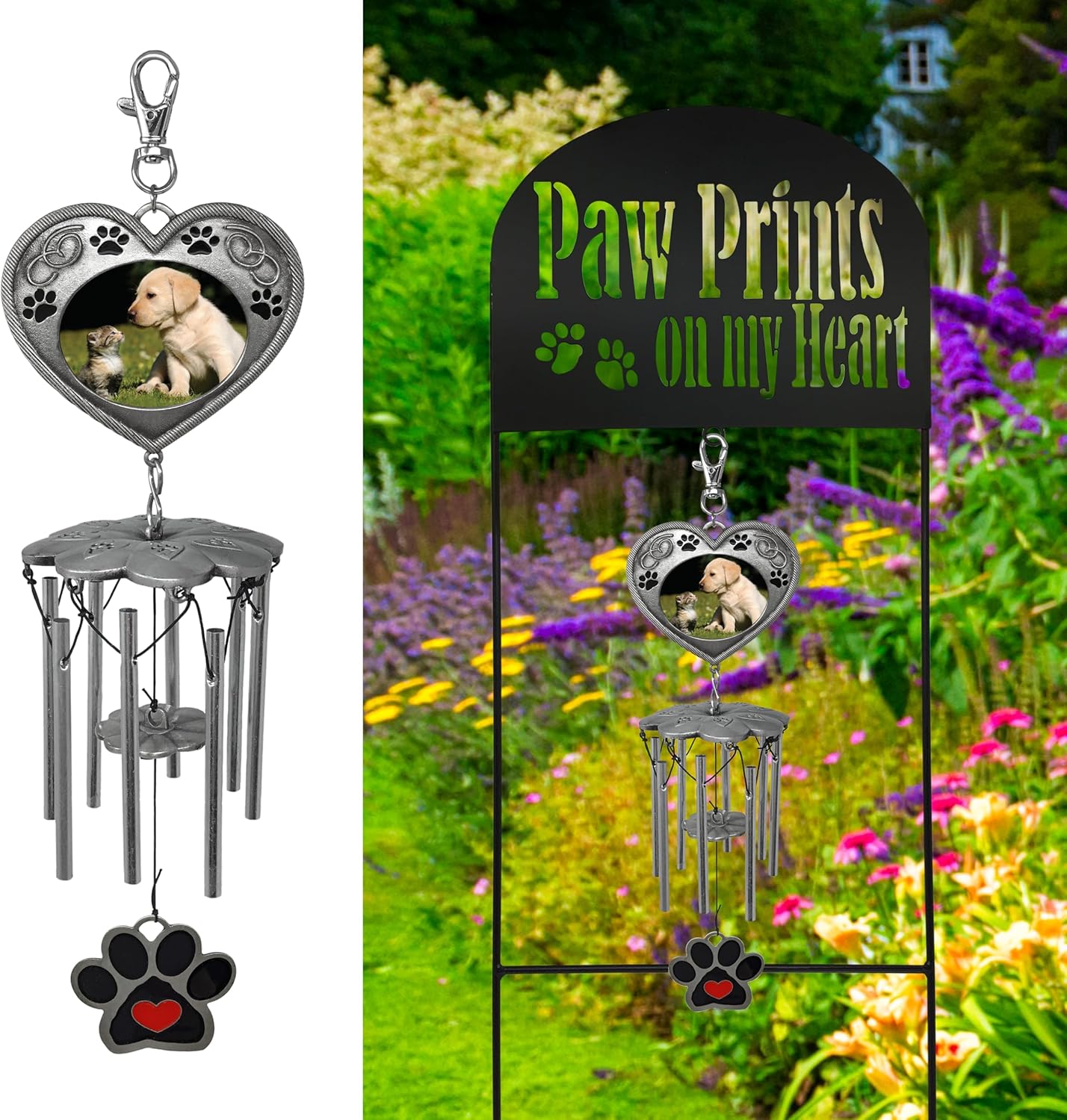 Pet Memorial - Garden Marker with Wind Chimes and Photo Frame- Black Wrought Iron Garden Stake and Windchime - Paw Prints on My Heart - Dog or Cat Loss Gift - Pet Memorial Gifts - 22.5" H
