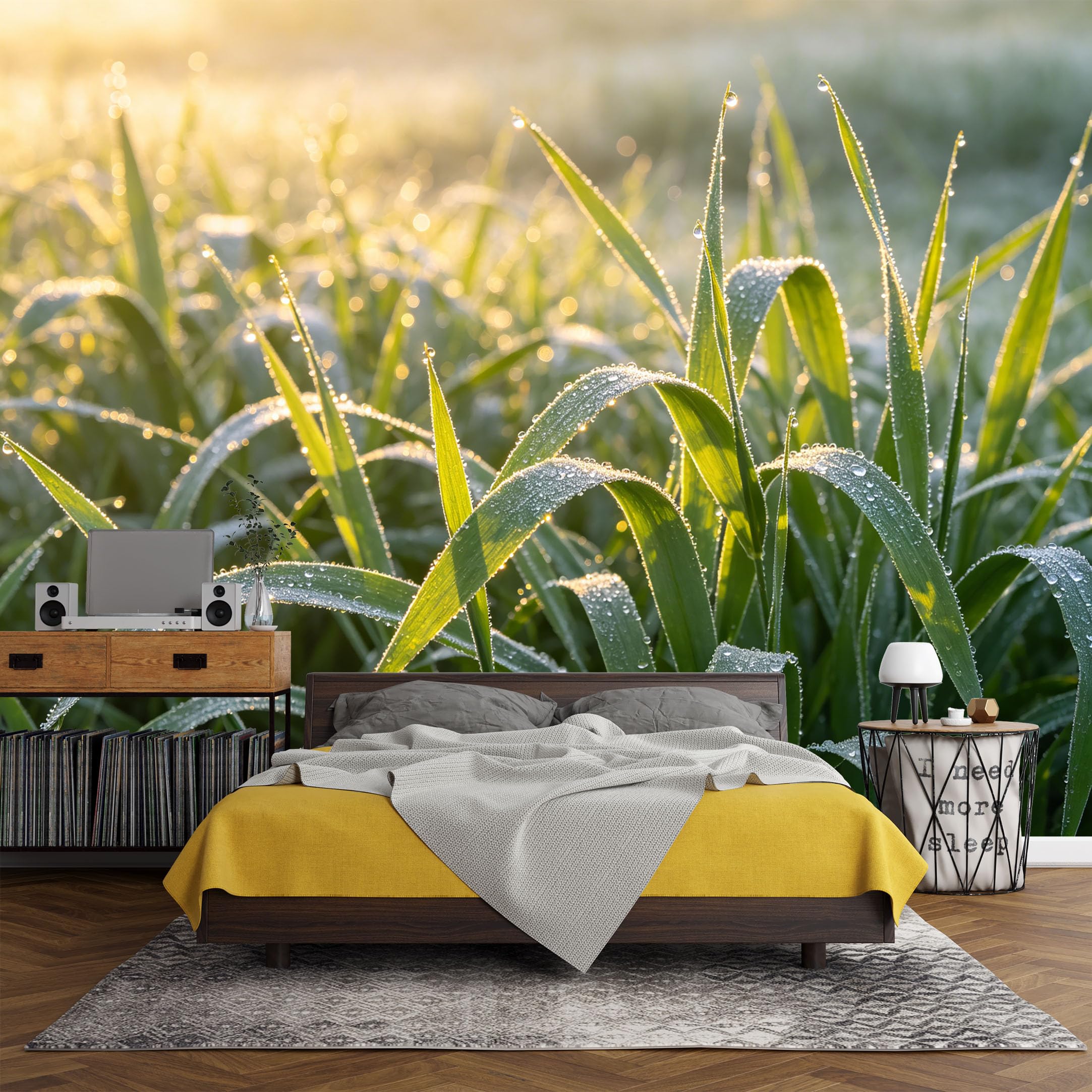 Custom Size Wall Mural， Botanical Morning Dew Plant Sunrise Nature Landscape，SelfAdhesive Art Prints wall Fabric(No PVC) Removable Wallpaper Living Room Decor