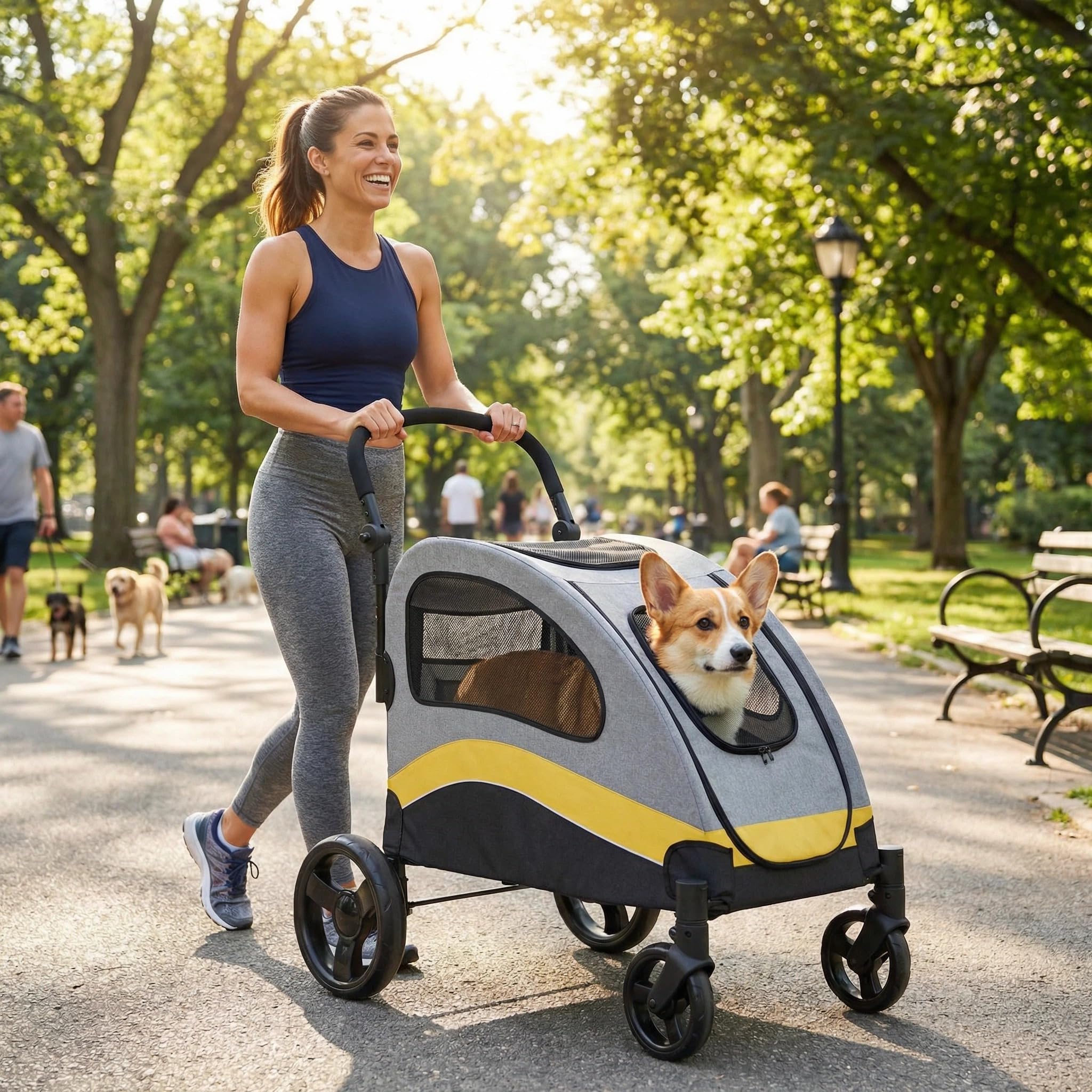 Garvee Poussette robuste pour grand chien jusqu'à 72 kg – Chariot tout-terrain pliable, roues 360°, double entrée, maille respirante, poignée réglable, rangement facile à laver – Jaune, 90×73×108cm