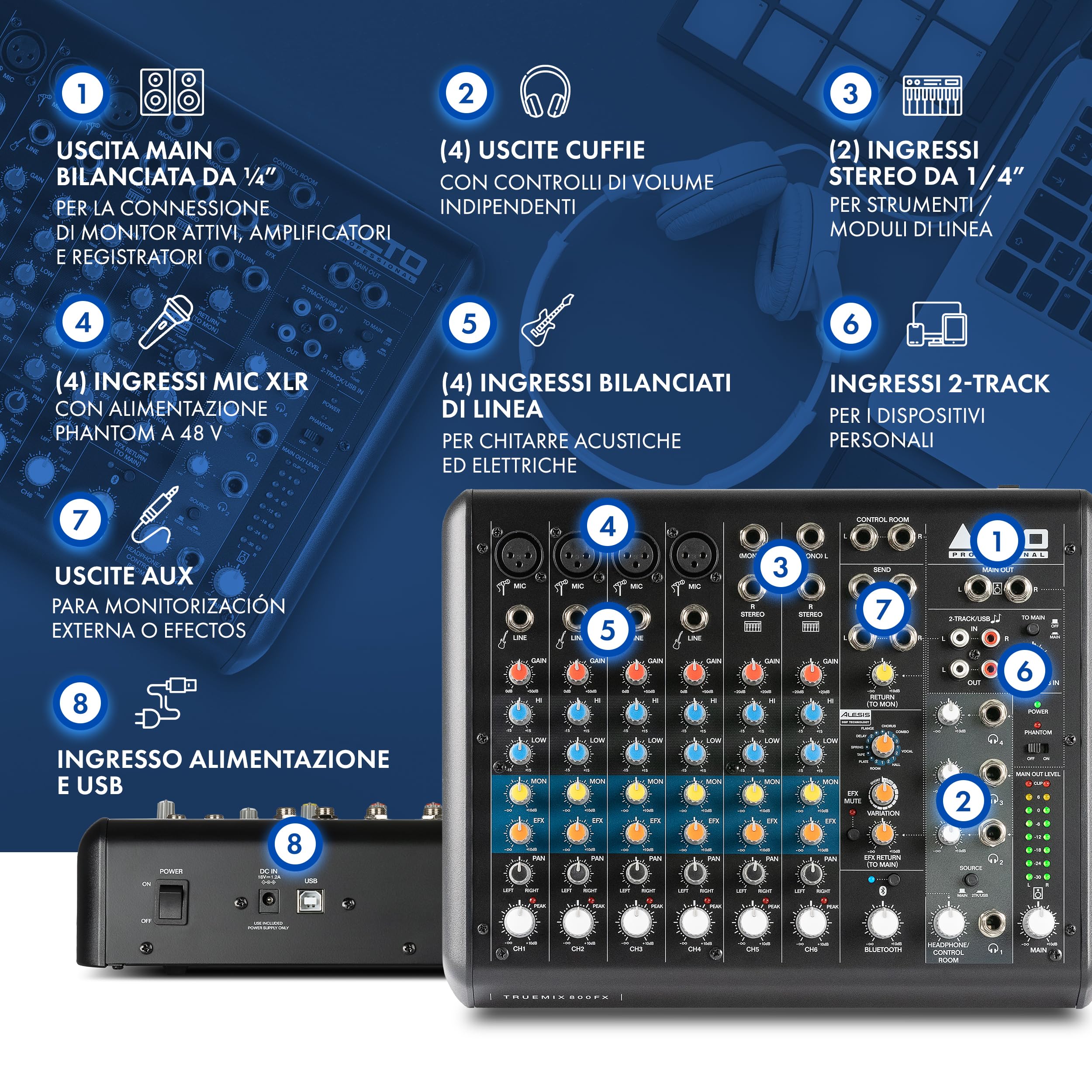 ALTO TrueMix 800FX - Mixer Audio Con 4 Ingressi XLR Microfonici, Interfaccia USB Audio e Bluetooth Per Podcast, Live, Registrazione, DJ, Mac e Windows