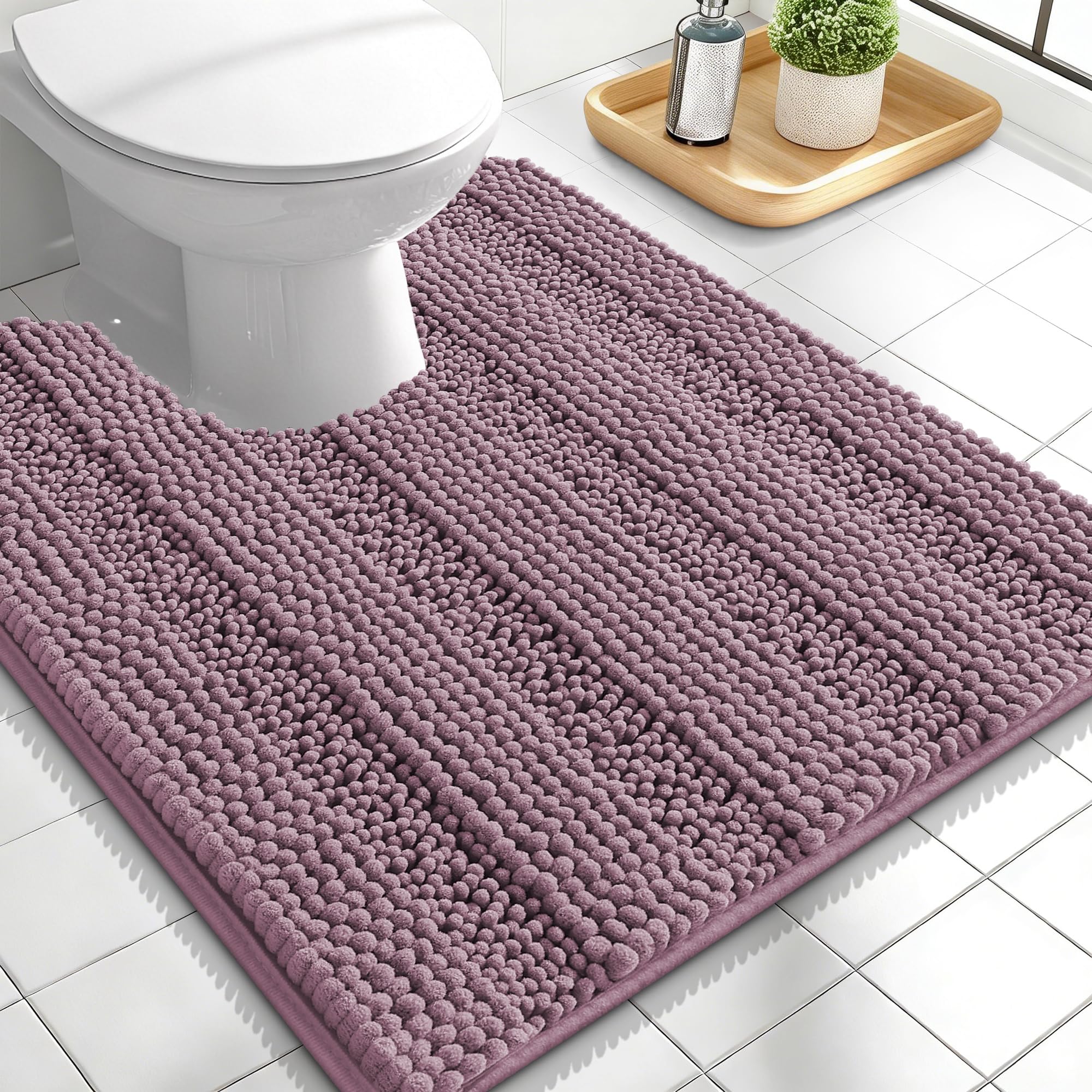 OLANLY Thick Toilet Rugs U-Shaped 24x20, Soft Chenille Bath Mat, Deep Plum