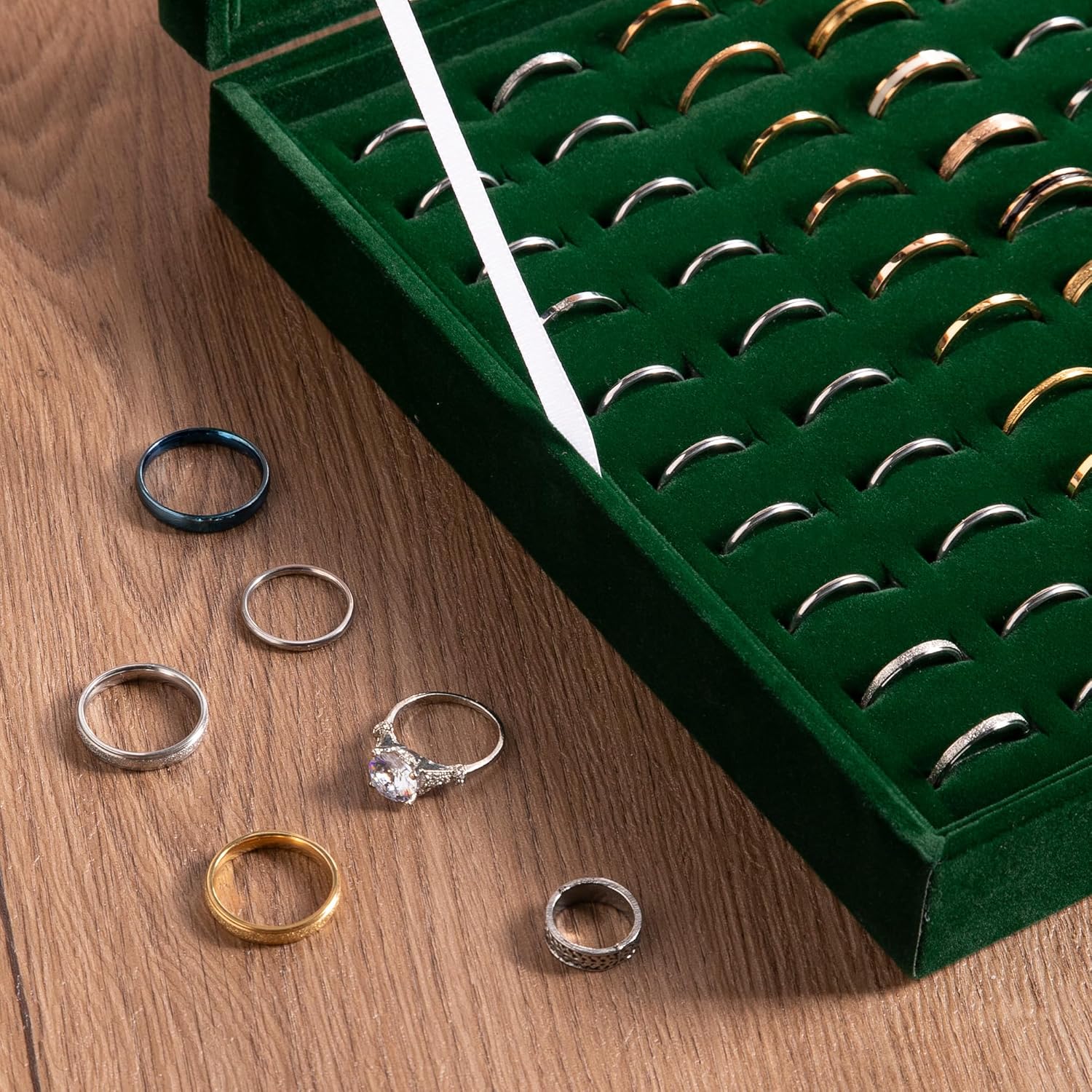 Frebeauty Ring Organizer Tray 100 Slots Ring Holder with Clear Lid Velvet Storage Box Jewelry Tray for Jewelry Store Earring Display Case for Jewelry Show Studs Box for Women(Blackish Green)