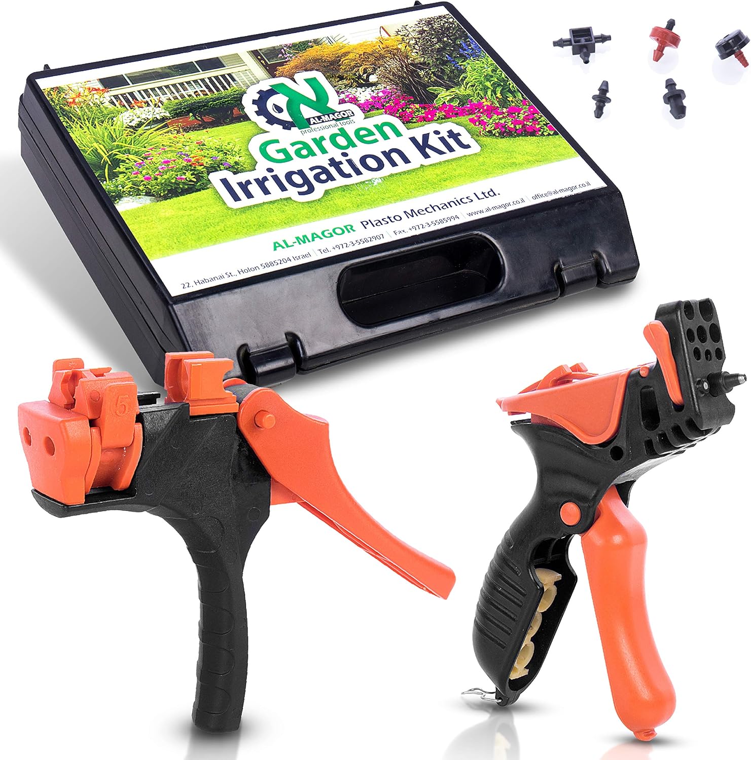Al-Magor Garden Irrigation Kit: Complete Set for Installing, Inserting Sprinklers, Drippers in PE Tube Pipes with Tools, Plugs, Connectors, and Case