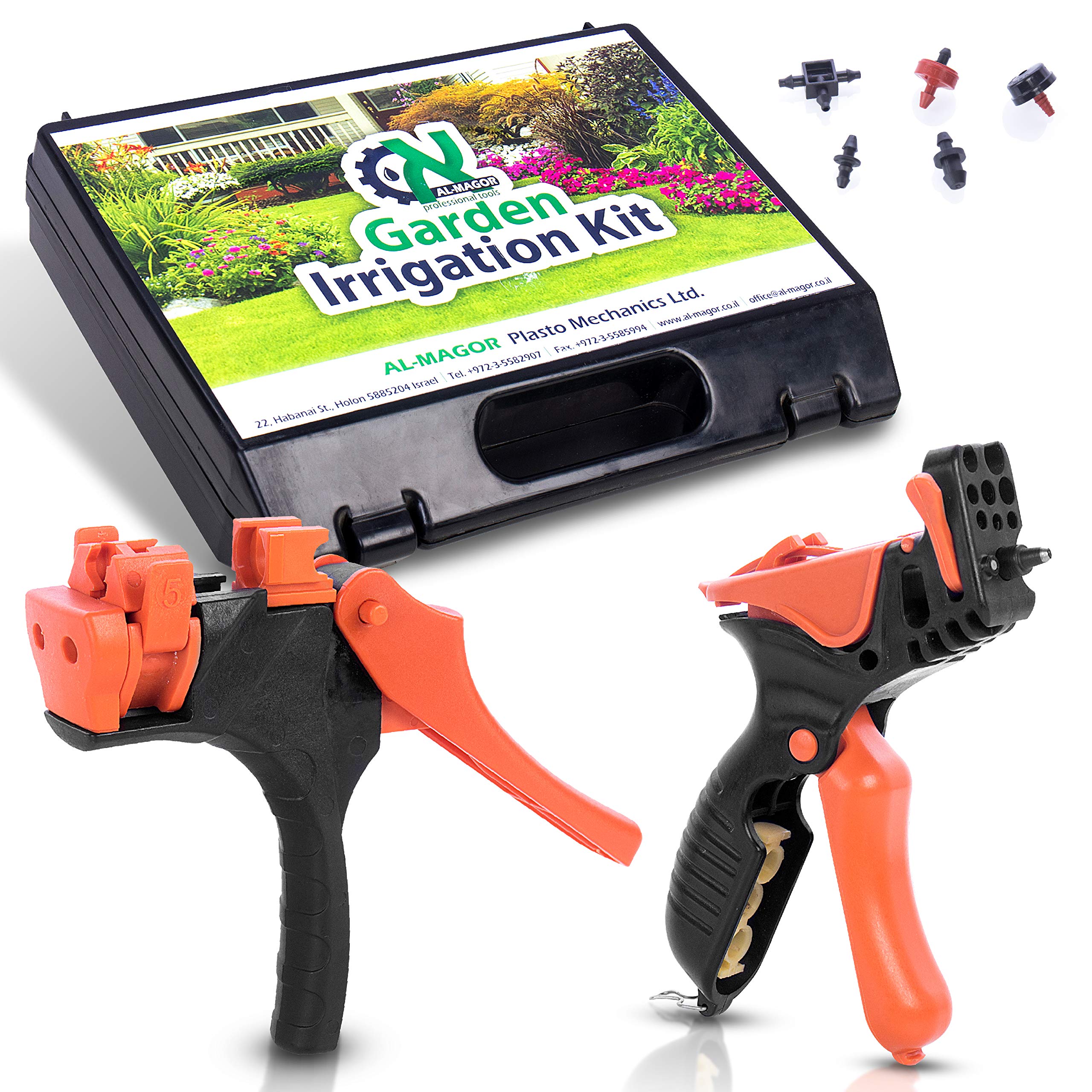 AL-MAGOR Kit di irrigazione da giardino: set completo per l'installazione, l'inserimento di irrigatori, gocciolatori in tubi in PE con strumenti, spine, connettori e custodia