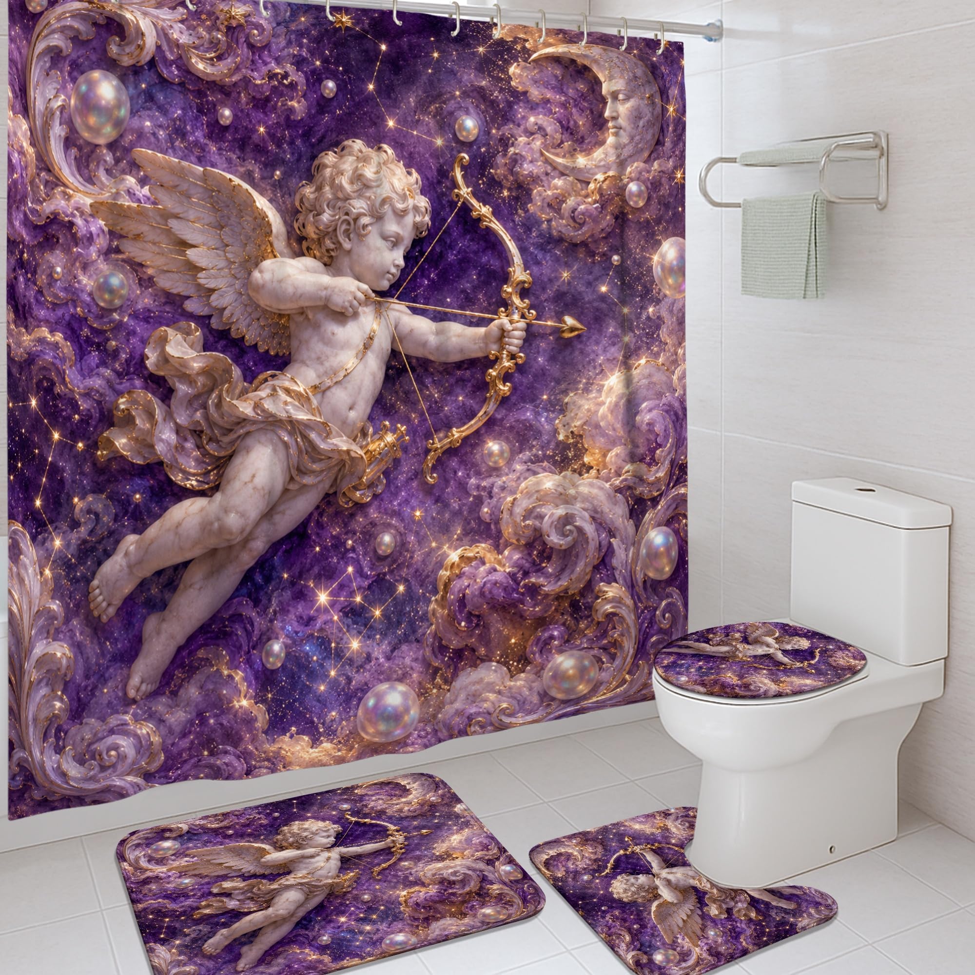 Rideaux de douche motif chérubin et étoiles avec tapis de baignoire pour studio et appartement