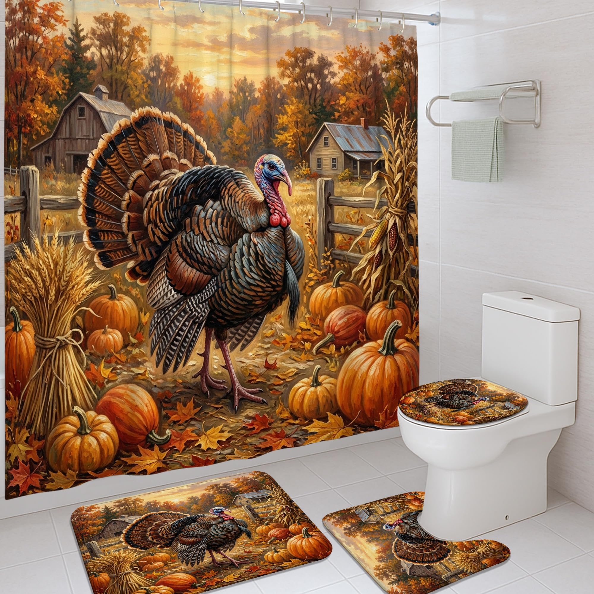 Rideaux de douche rustiques d'automne avec dinde et citrouilles pour déco de bain cosy