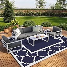 GENIMO Outdoor Rug, Waterproof Plastic Rugs 10x14 for Camping Blue White