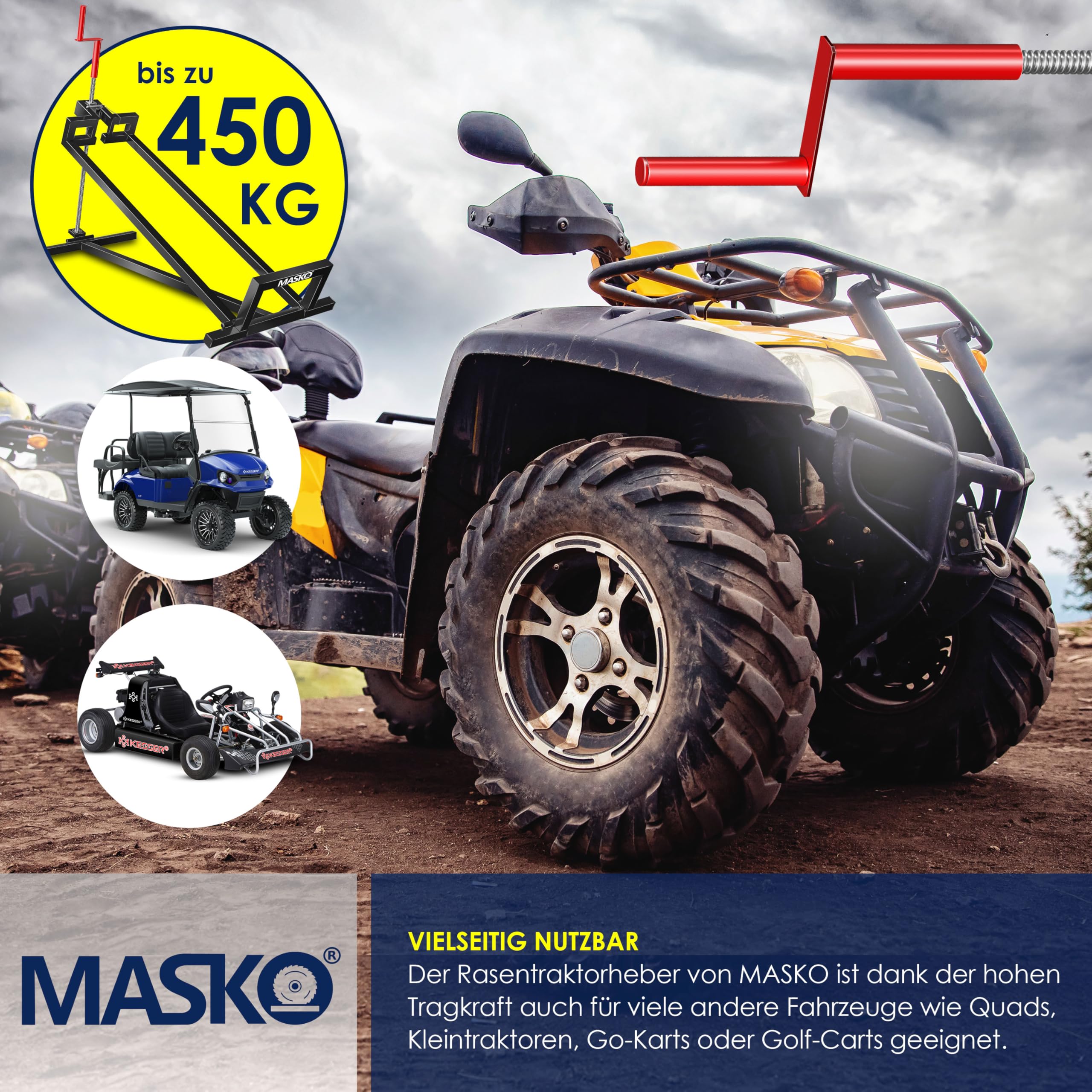 MASKO® XXL Rasentraktorheber 450 kg Hebevorrichtung Hebebühne Aufsitzmäher – Rasentraktor Heber, 45° verstellbar, universal Reinigungshilfe mit Zubehör, Schwarz