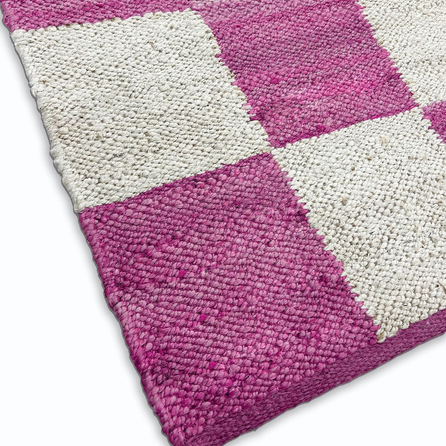 Farmhouse Rectangle Area Rug 10x18 Ft Natural Hand Made Jute Rugs Pink Checkered Pattern Boho Jute Rug for Living Room, Dining Room, Bedroom, Pet-Friendly, Easy Maintenance