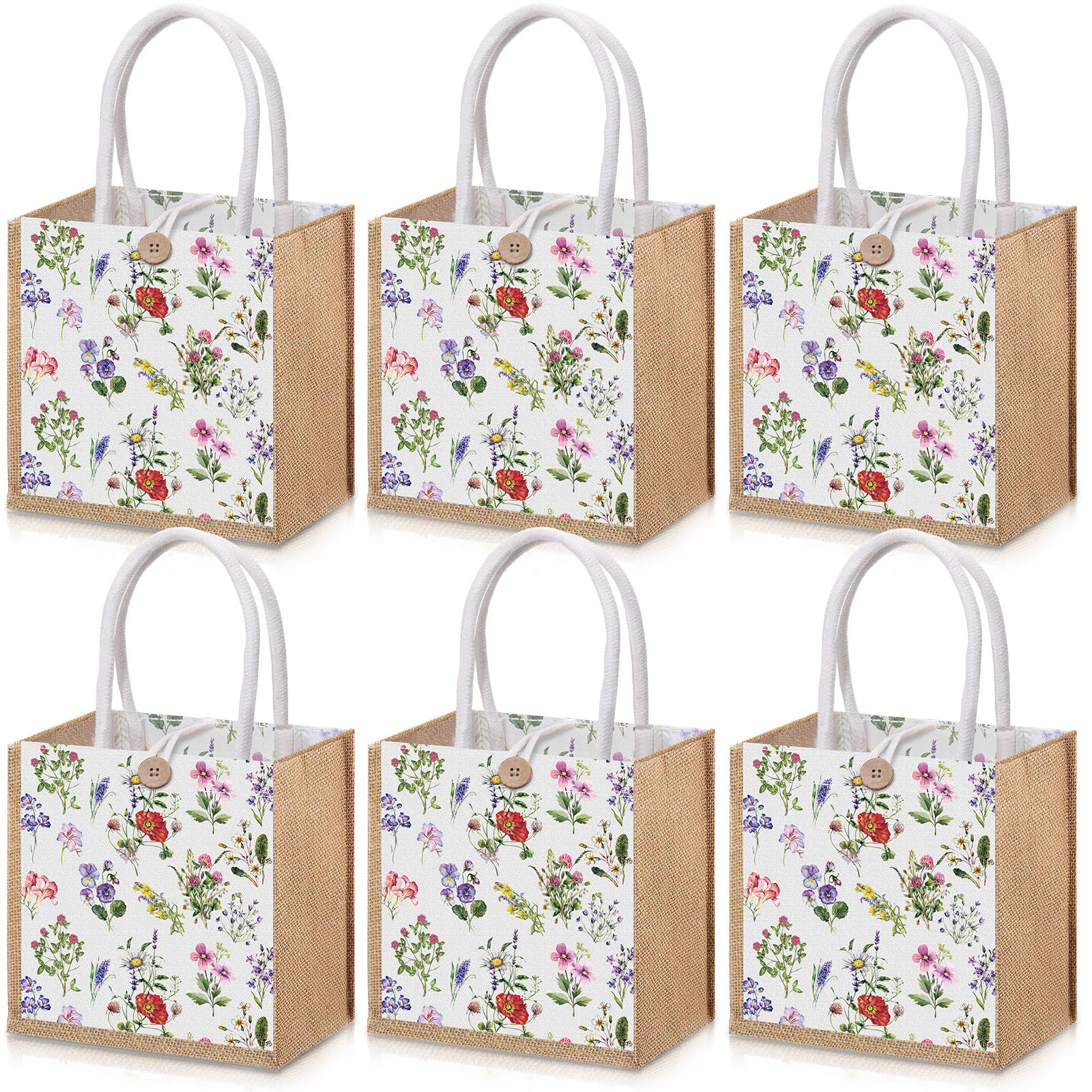 Gilprop 6 Pack Spring Wildflowers Burlap Gift Bags with Handle Button Reusable Jute Tote Bags Flowers Double Sided Tote for Party Wedding Bridesmaid Travel Home Decor 7.9 x 7.9 Inch(Classic)