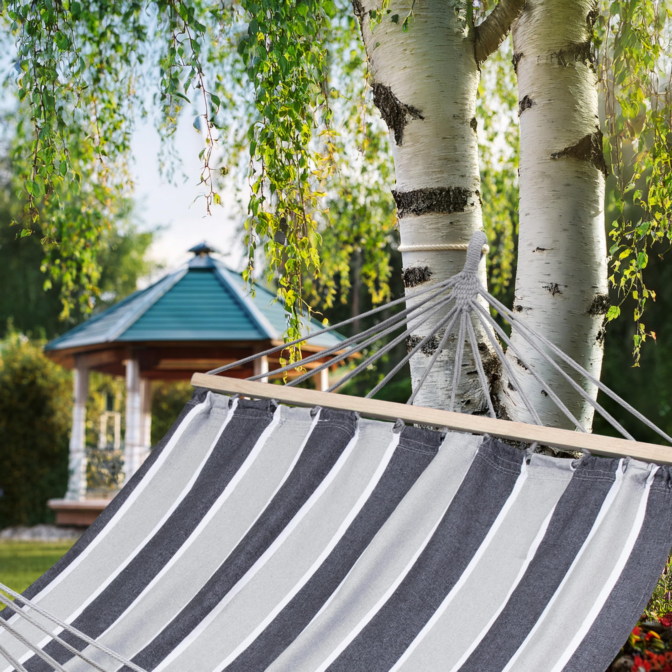 DOMAREX XXL Hängematte für 2 Personen - 290x150cm - Robuste Hängeschaukel mit 120cm Holzstab - Wasserdicht & Pflegeleicht - Garten, Balkon, Terrasse
