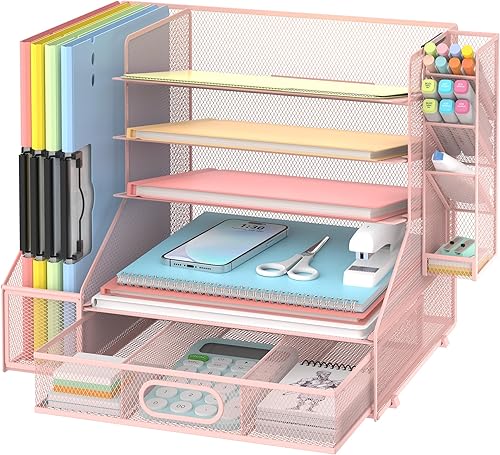 Miniatura 1 de DALTACK Organizador de escritorio de malla, bandeja de papel de 5 niveles con soporte para archivos, soporte para bolígrafo y cajón deslizante,