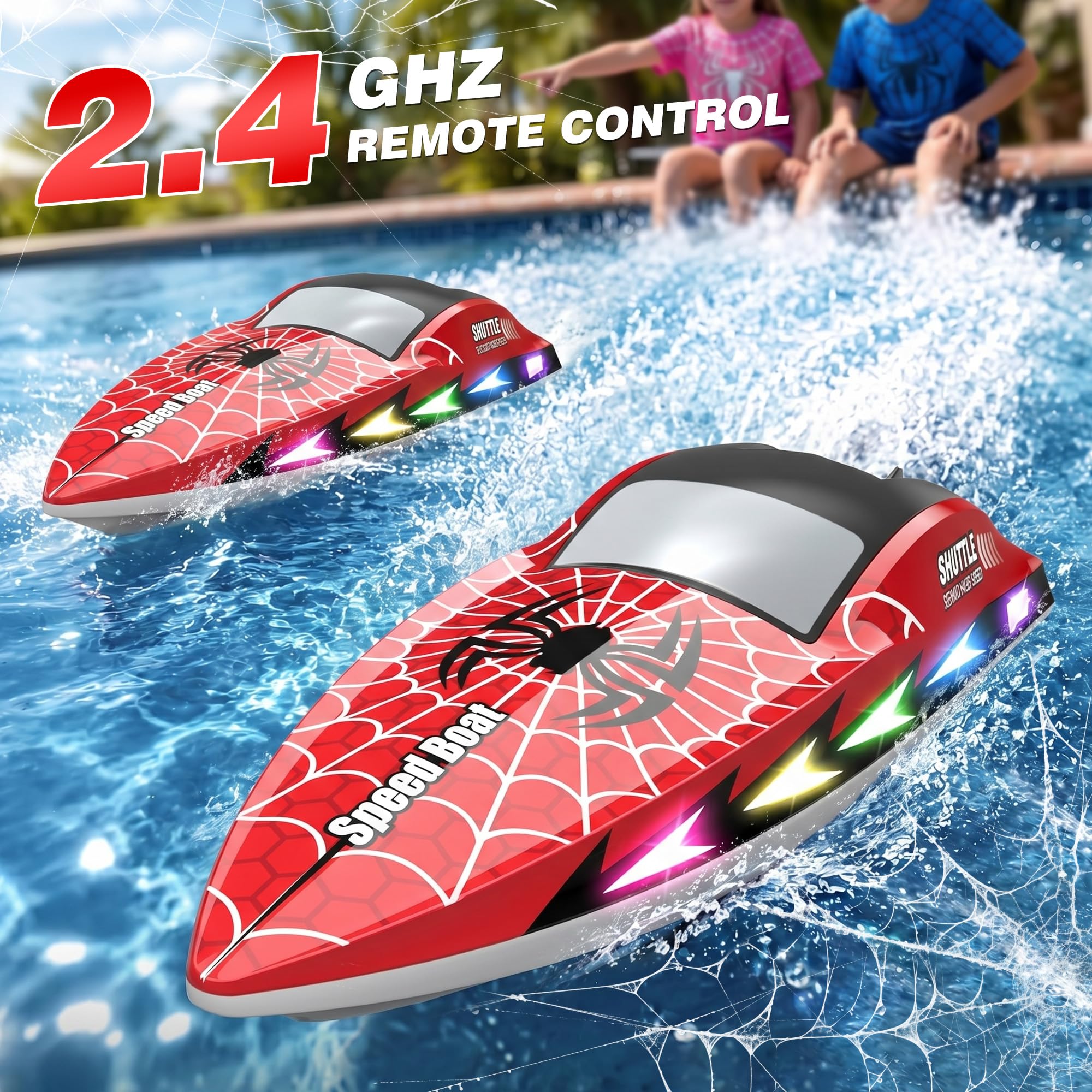 Barco teledirigido con 7 modos de luz, barco teledirigido de 20 km/h, con modo de un clic, 2,4 GHz barcos de carreras con 2 pilas, 40 minutos de tiempo de juego y graffiti de arañas, piscinas y lagos