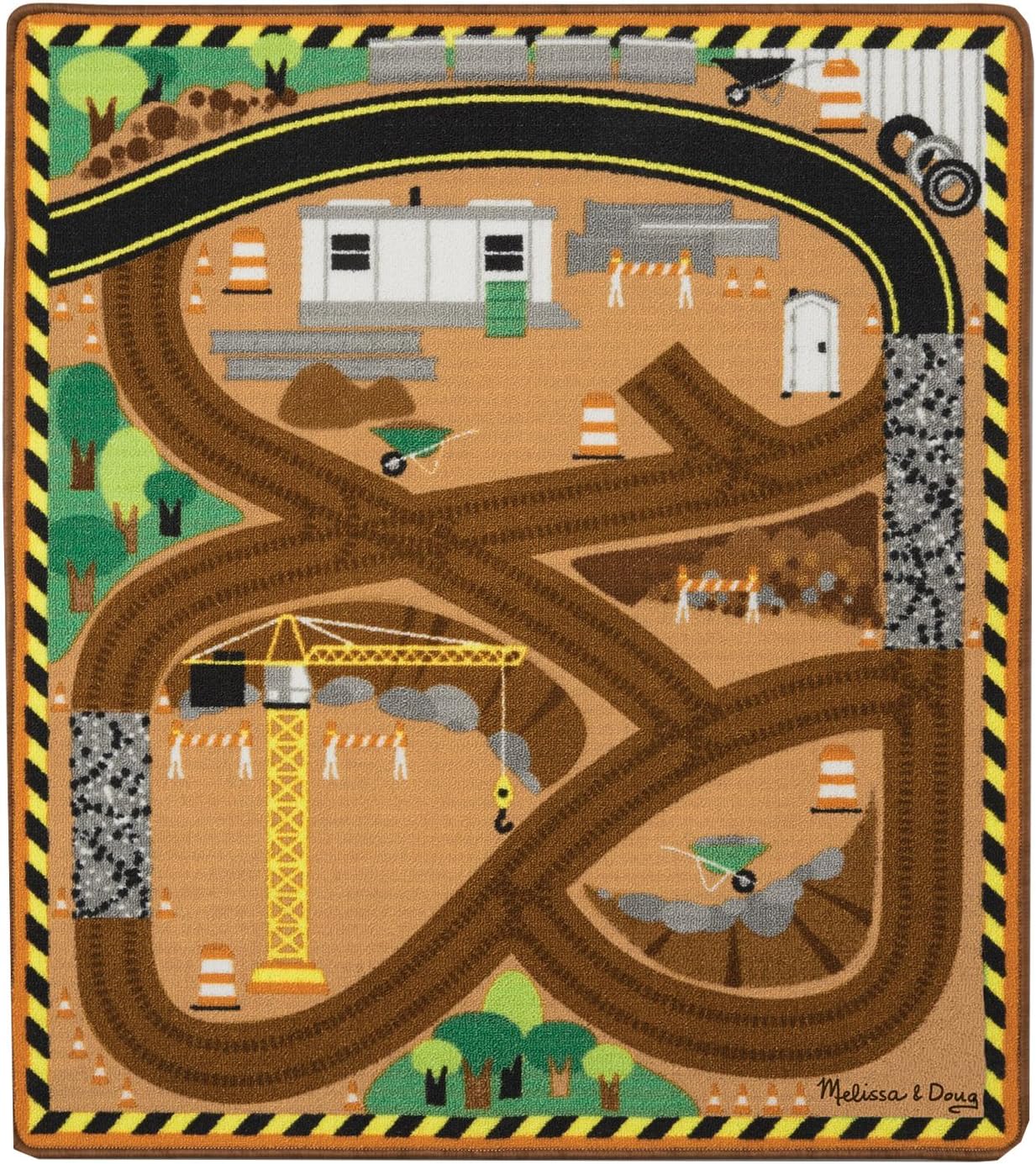 Melissa & Doug Round the Construction Zone Work Site Rug With 3 Wooden Trucks (39 x 36 inches)