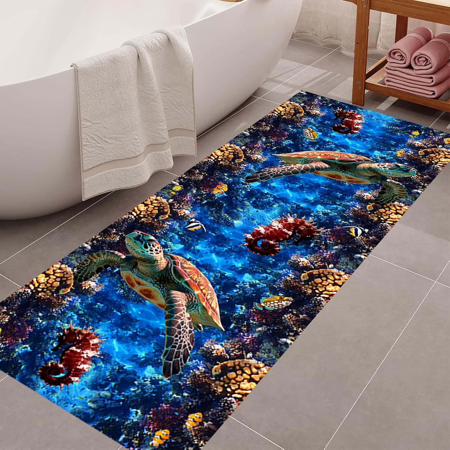 Sea Turtles Coastal Runner Rug for Hallway, 1.3x7ft, Underwater World Seahorse Clownfish Coral 3D Illusion Area Rug, Non-Shed Soft Ocean Decor Carpet for Bedroom Entryway Foyer
