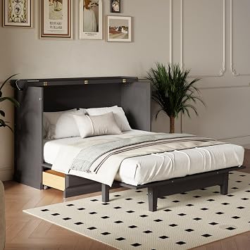YOPTO Murphy Bed Full Size W/Drawer & Built-in Charging Station,Grey