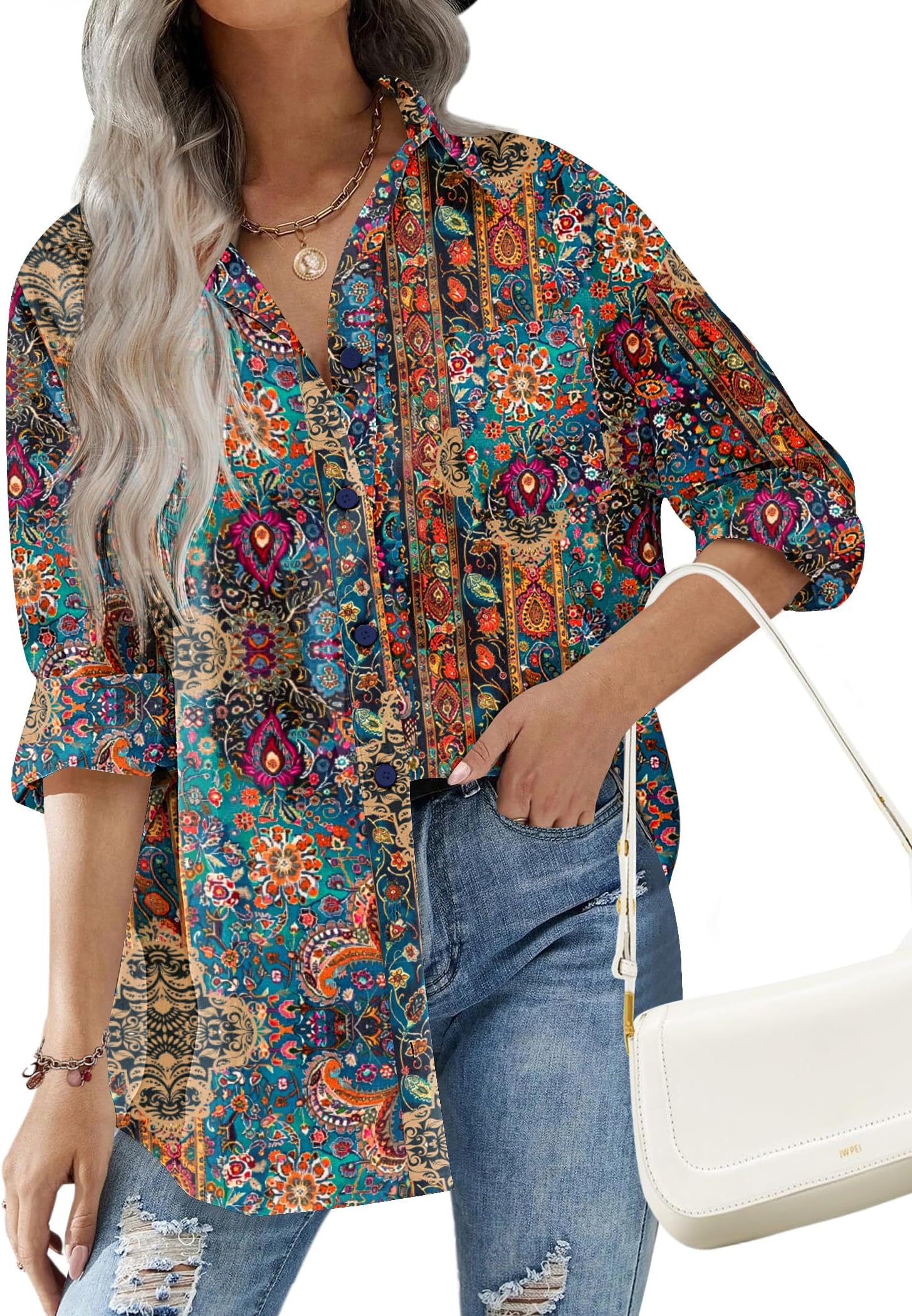 HOTOUCH Women Oversized Button Down Shirts Office Drop Shoulder Blouse Long Sleeve Boyfriend Dress Shirt with Pockets